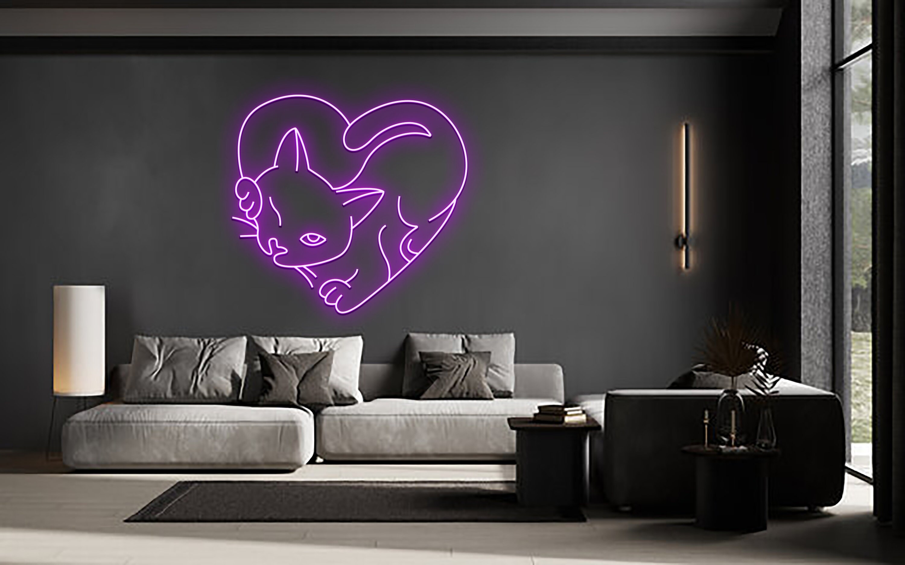 Cat In Heart Line Art Neon Signs