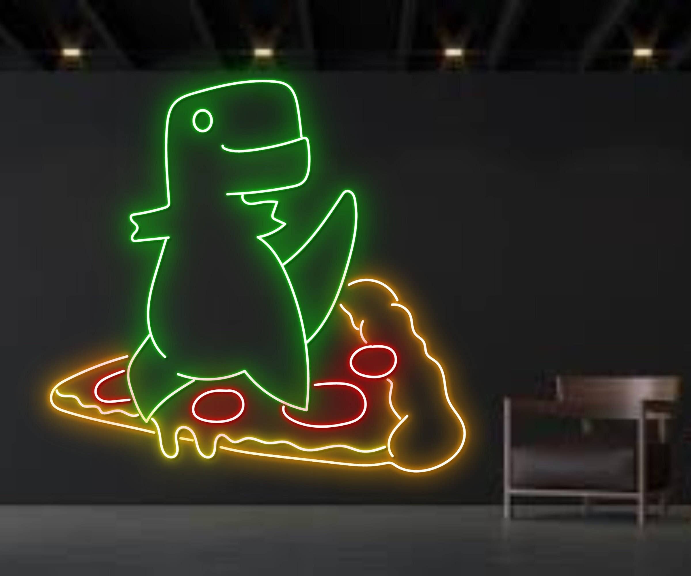 Dinosaur With Pizza Neon Sign Pizza Restaurant Wall Decor