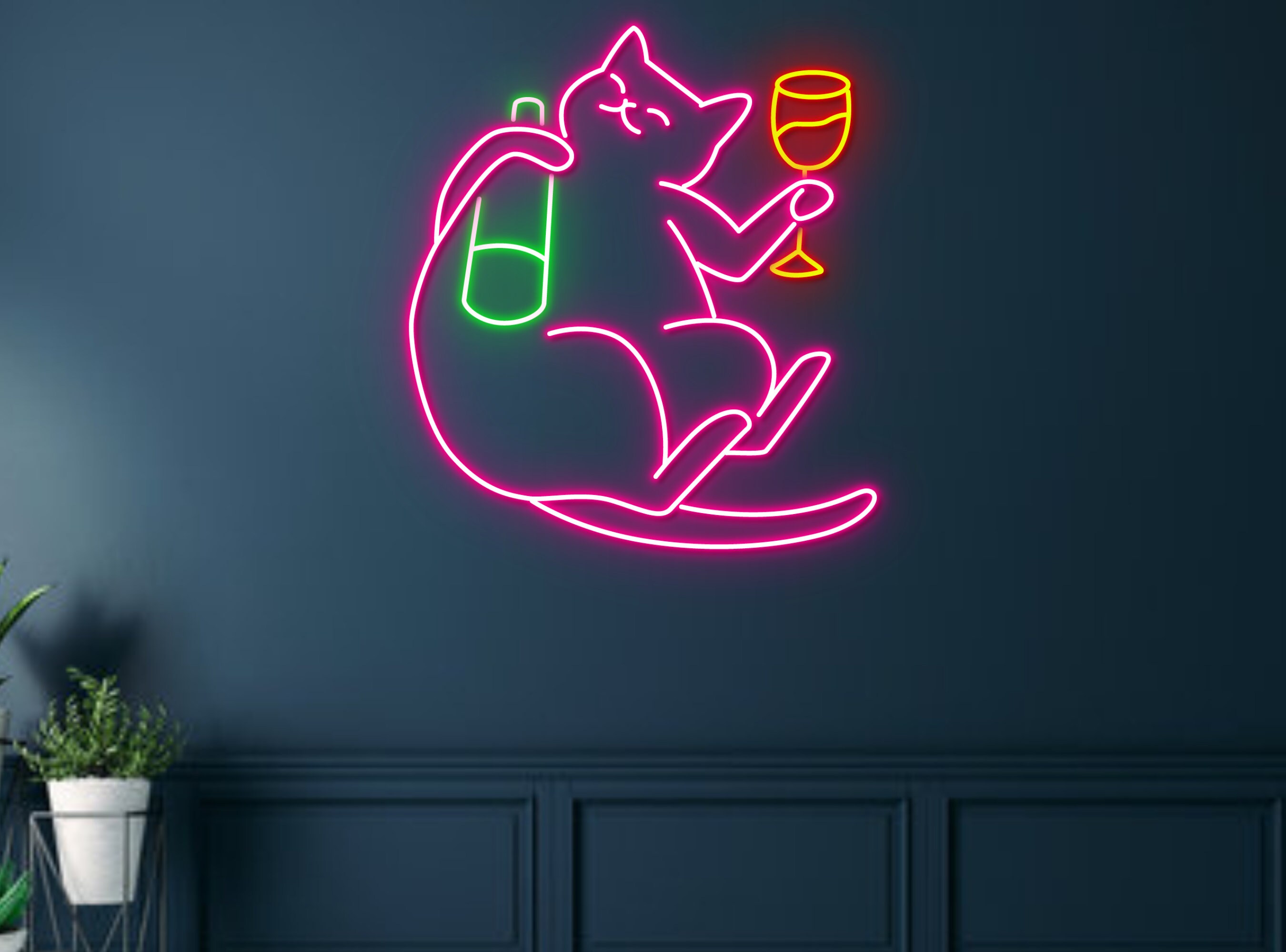 Cat Hug Wine Bottle And Champagne Neon Sign