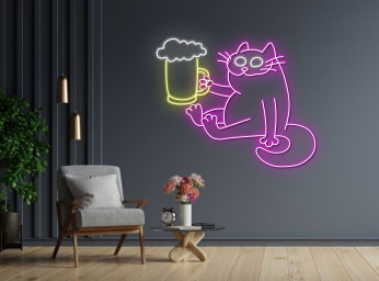 Cat Holding Beer Line Art Neon Sign