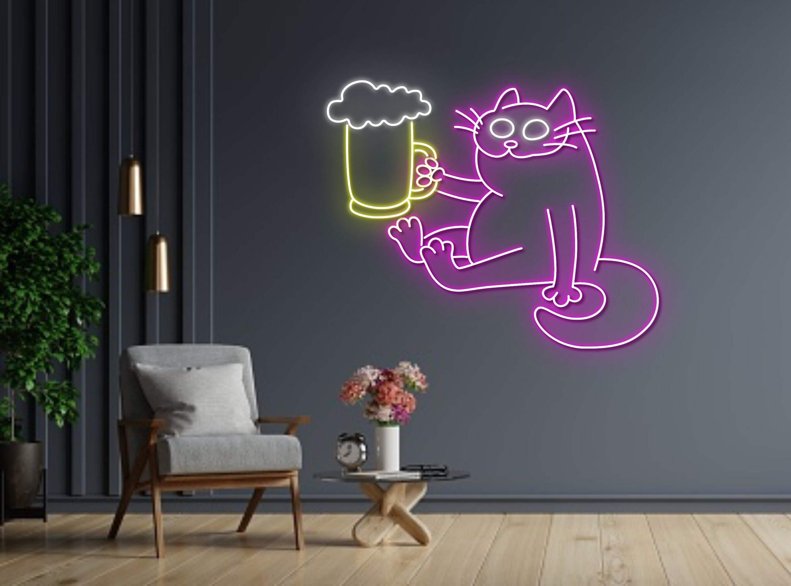 Cat Holding Beer Line Art Neon Sign