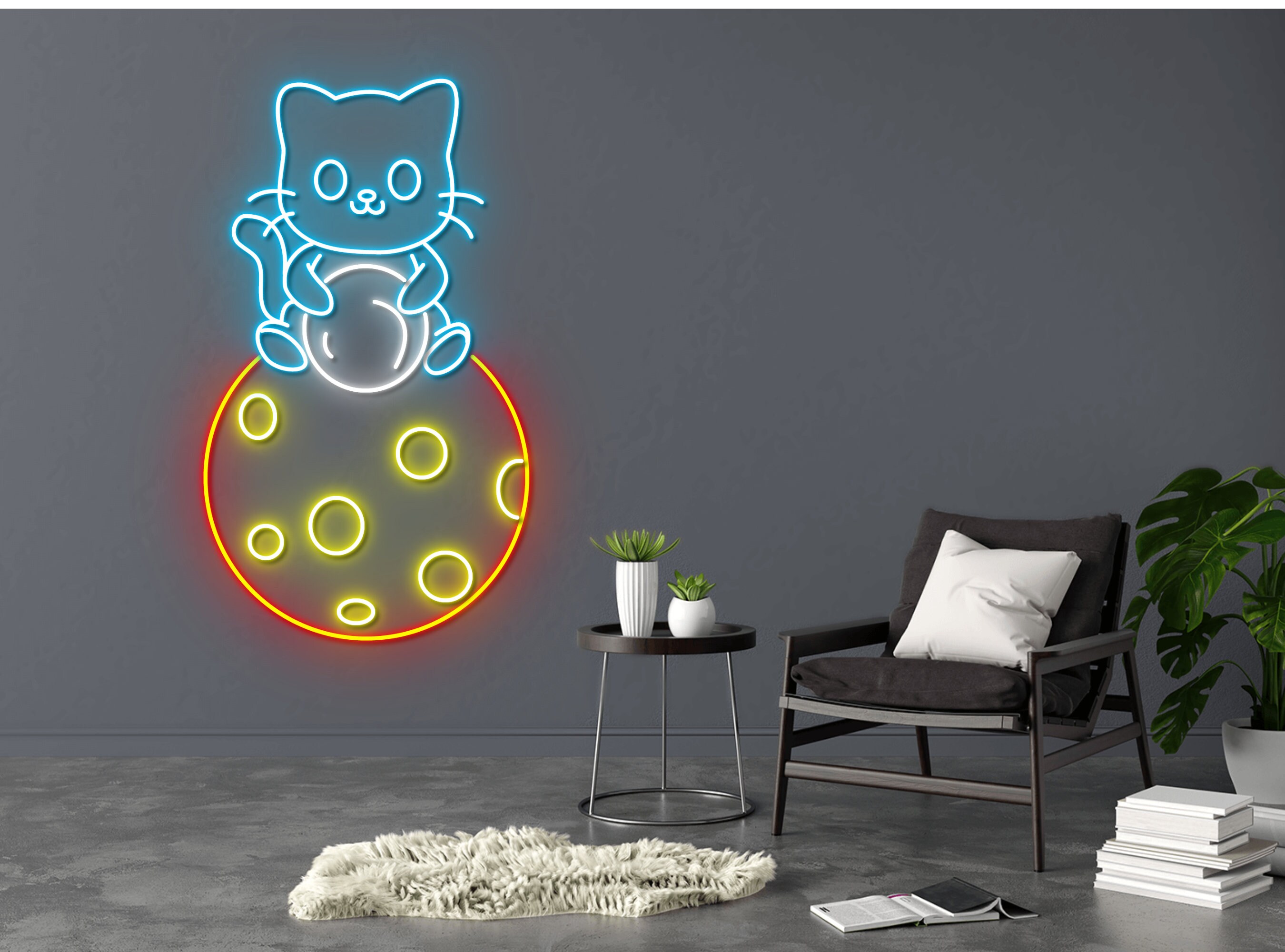 Cute Cat Sitting On Virus Line Art Neon Sign