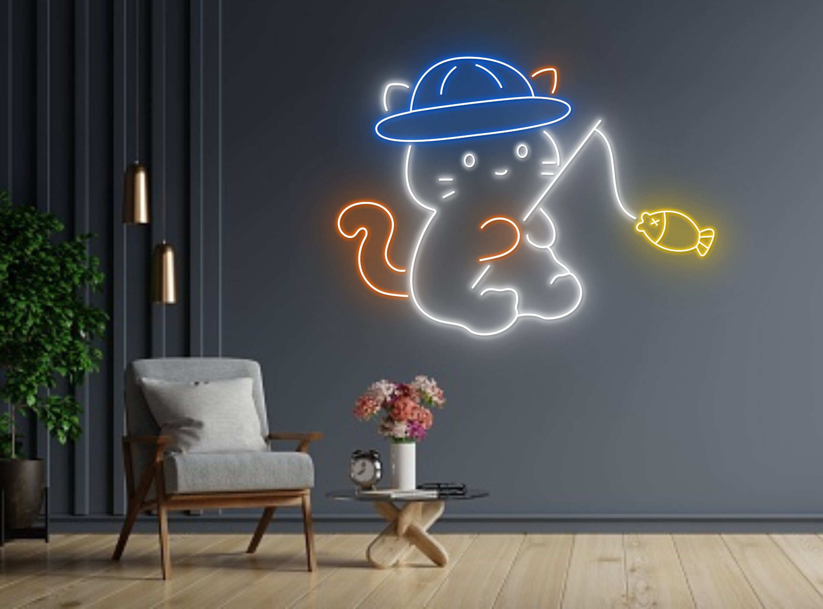 Cute Cat Fishing Line Art Neon Sign Cat Owner Decor