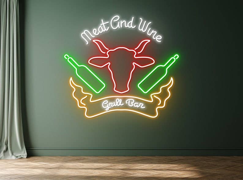 Meat Wine Restaurant Neon Sign Grill Bar BBQ Decor