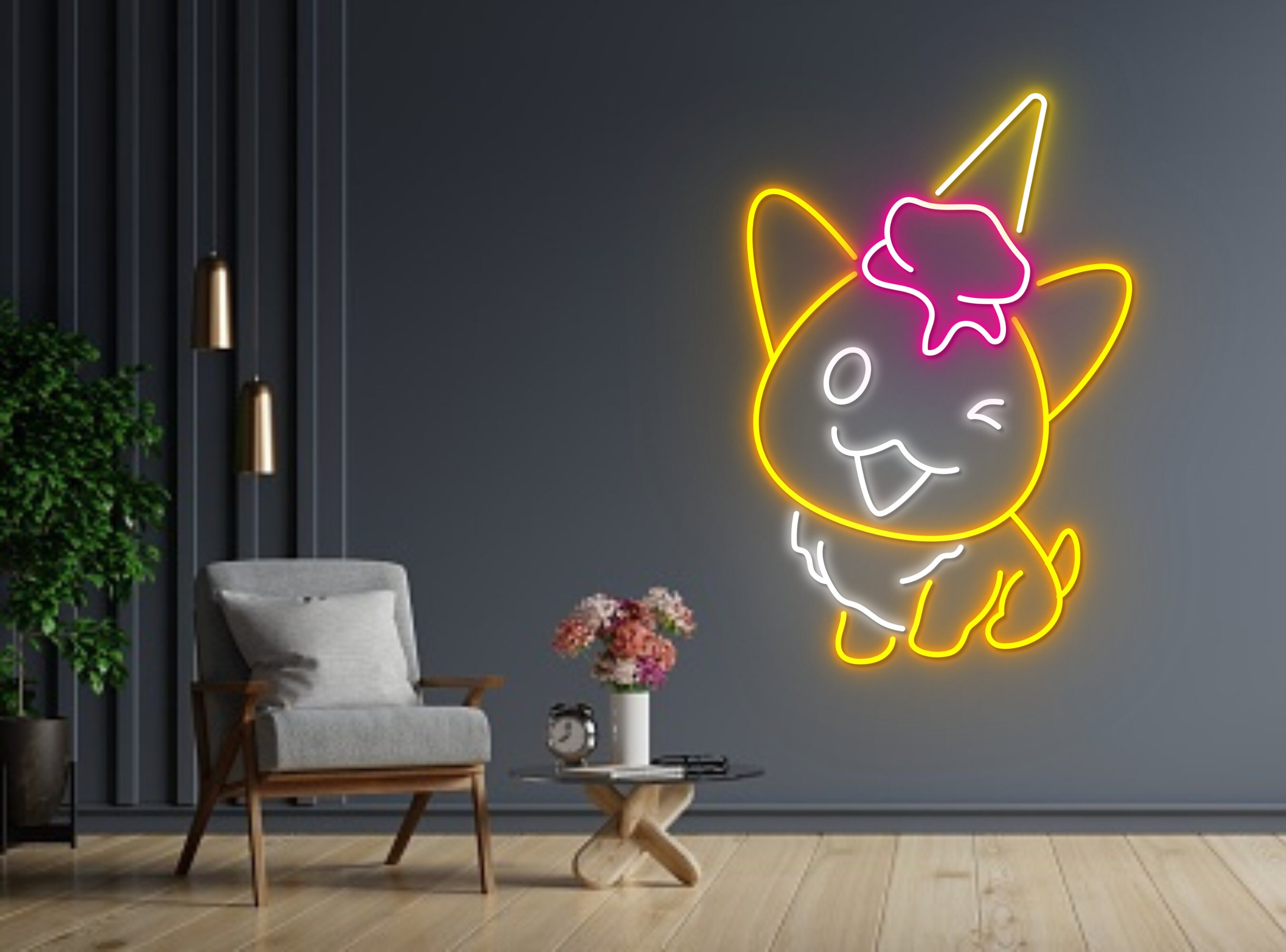 Cute Corgi With Ice Cream On Head Neon Sign