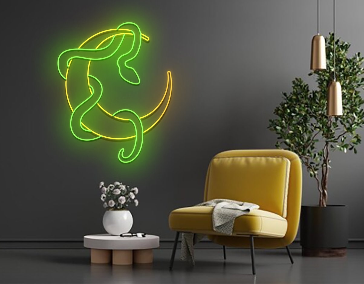 Snake With Moon Line Art Neon Sign