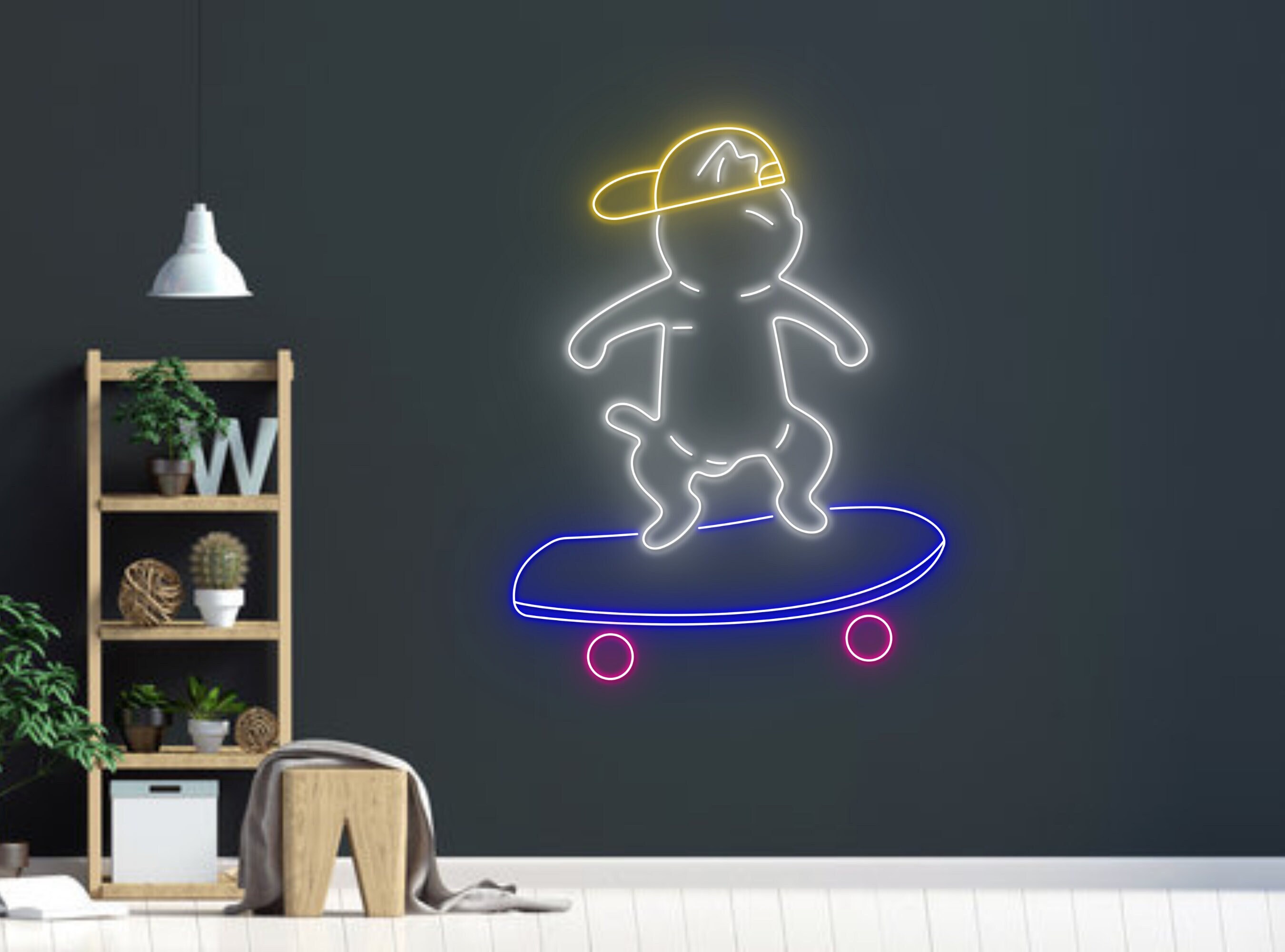 Chibi Cat Skateboarding Line Art Neon Sign
