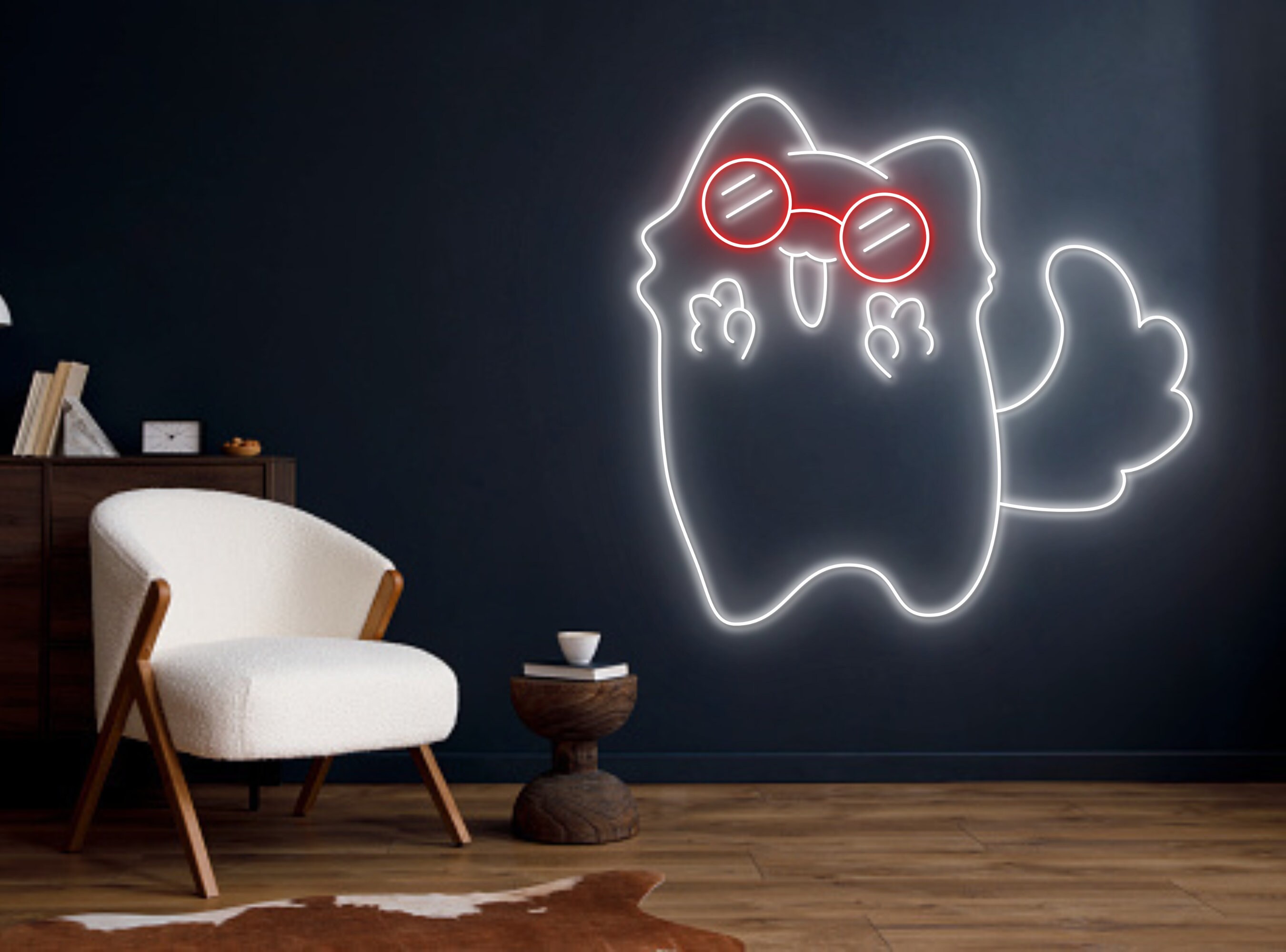 Happy Chibi Cute Cat Line Art Neon Sign