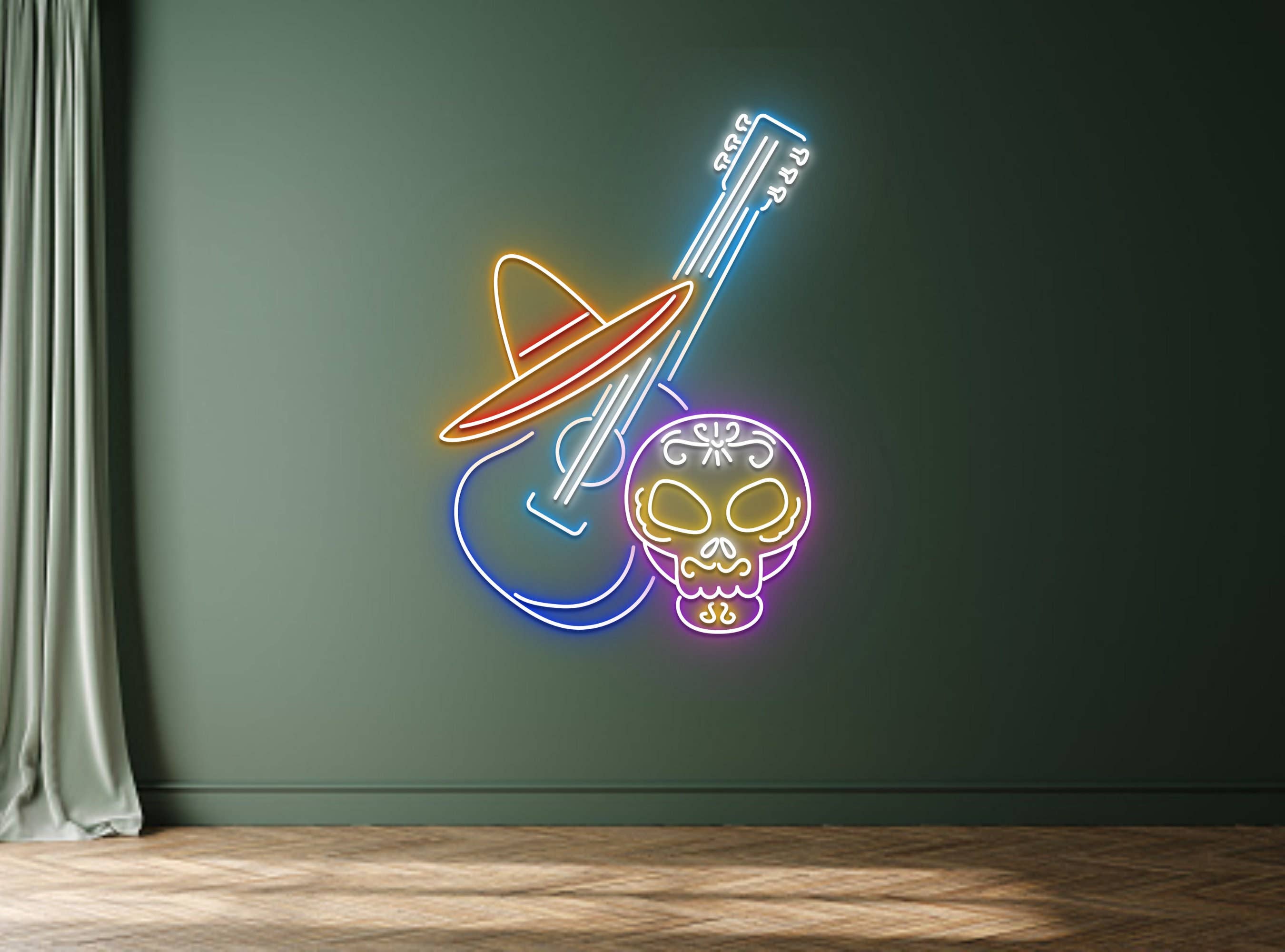 Mexican Head Skull play guitar Neon Sign Halloween Decor
