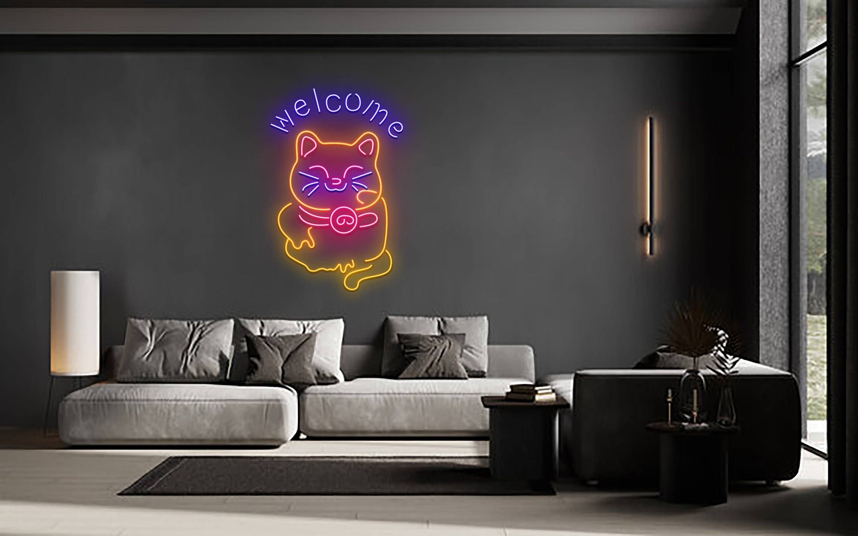 Cat Welcome Neon Signboard Shop Store Entrance Decor