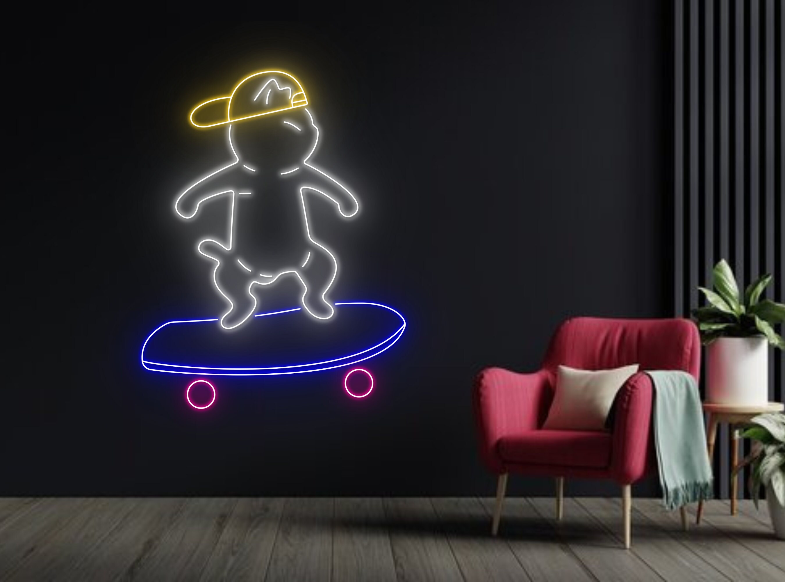 Chibi Cat Skateboarding Line Art Neon Sign
