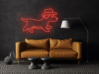 Cute Dog Running With Hat Neon Sign