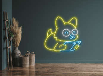 Chibi Dog Reading Book Neon Sign