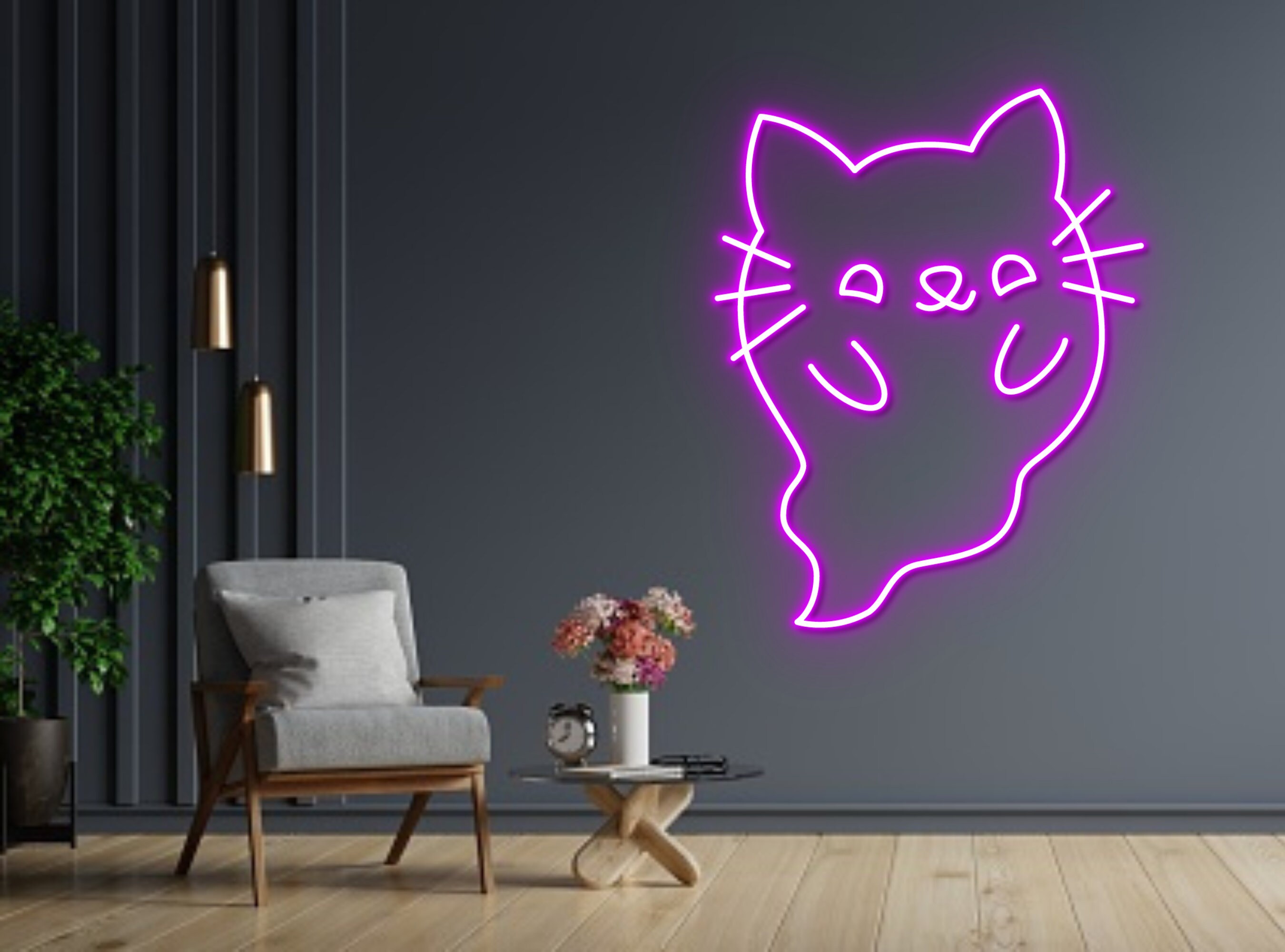 Cute Ghost Cat Line Art Neon Sign