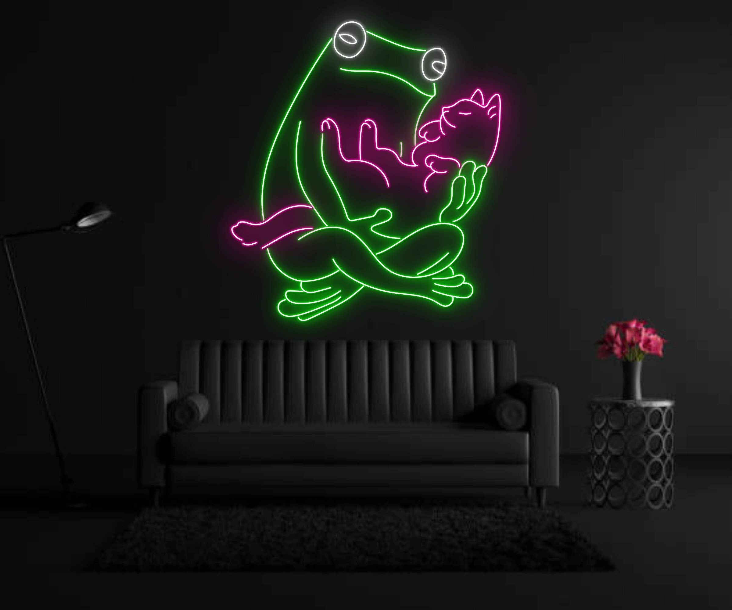 Frog Hugging Cat Neon Sign Funny Animal Wall Art Neon Sign