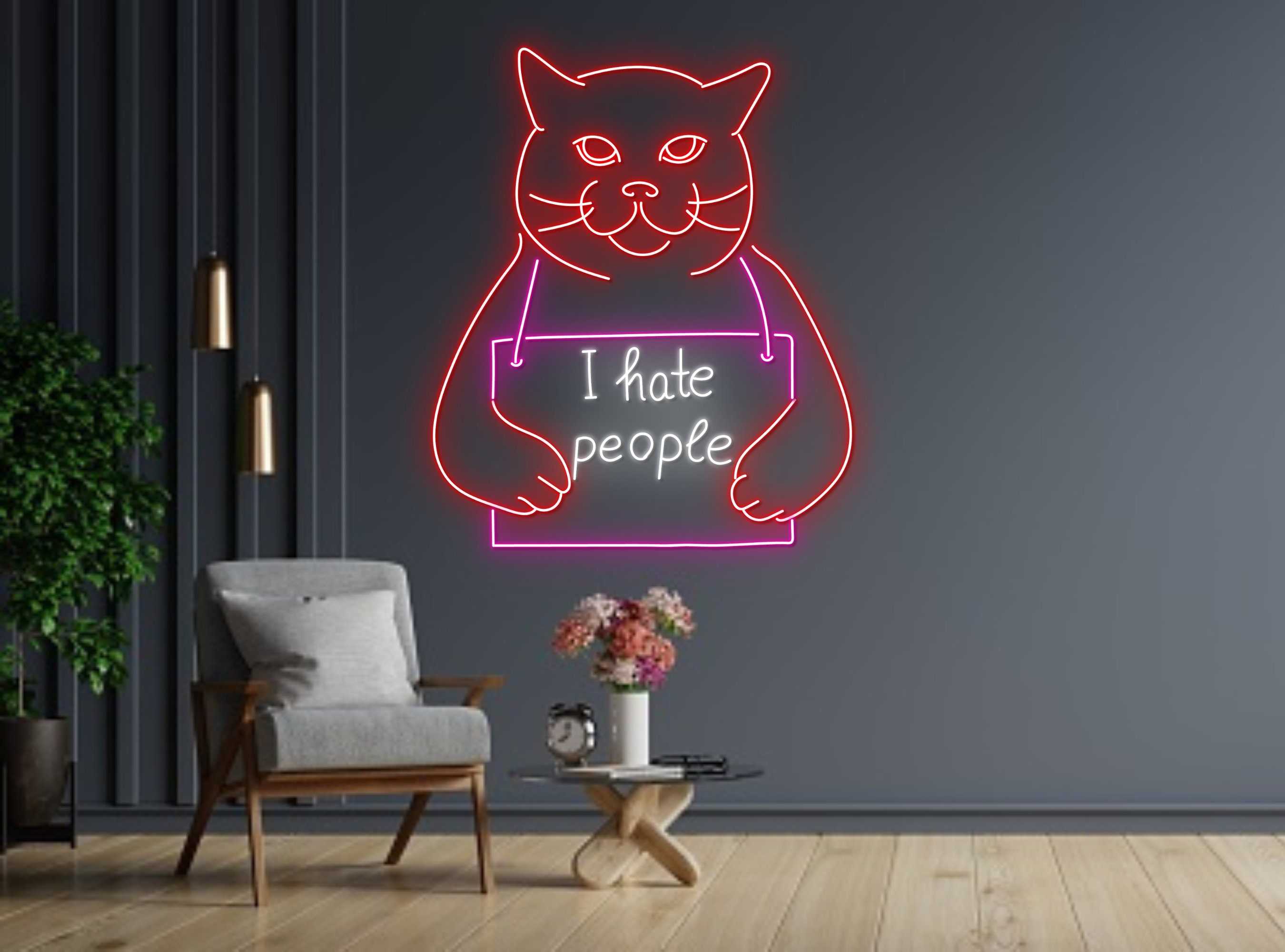 I Hate People Prison Cat Portrait Jailed Cat Neon Sign