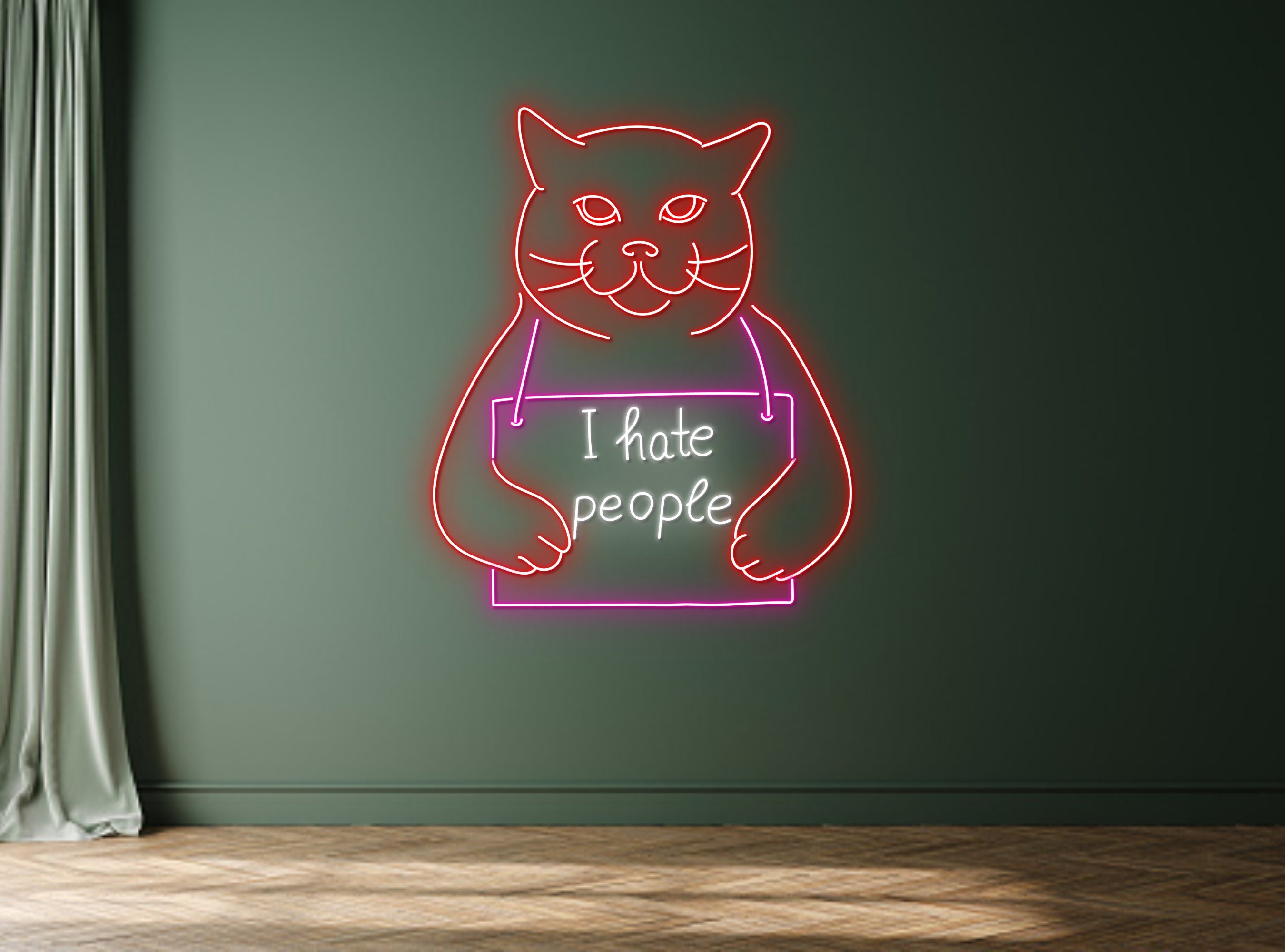 I Hate People Prison Cat Portrait Jailed Cat Neon Sign