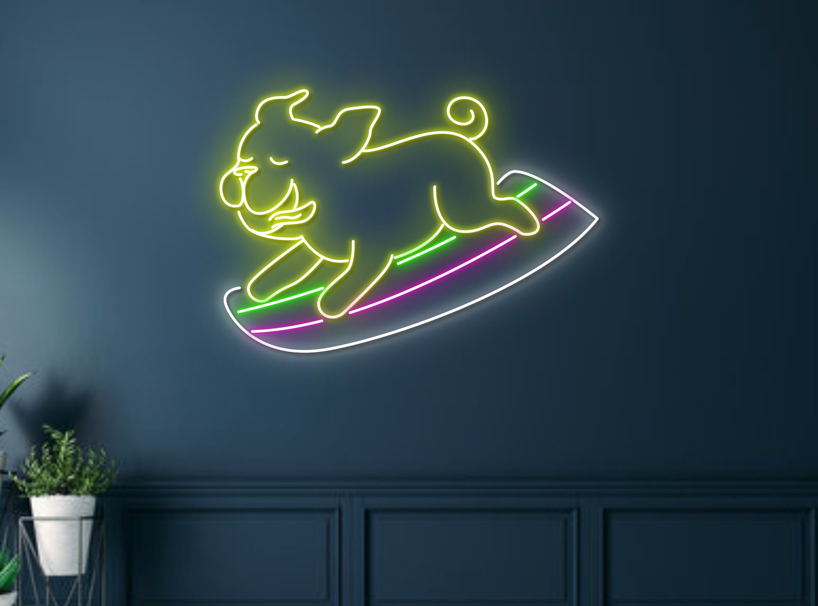 Pug Dog Surfing On Beach Neon Sign