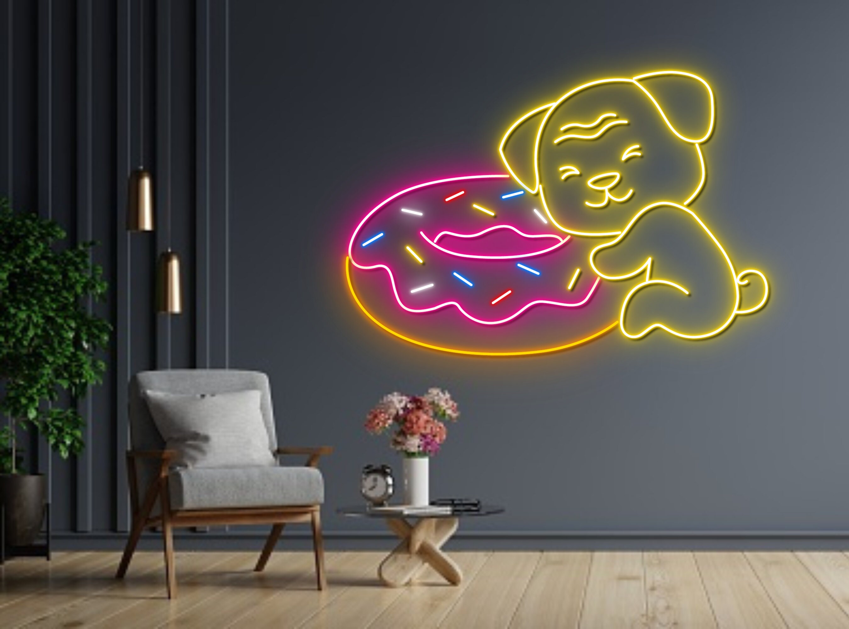 Pug Dog Hug Donut Cake Neon Sign