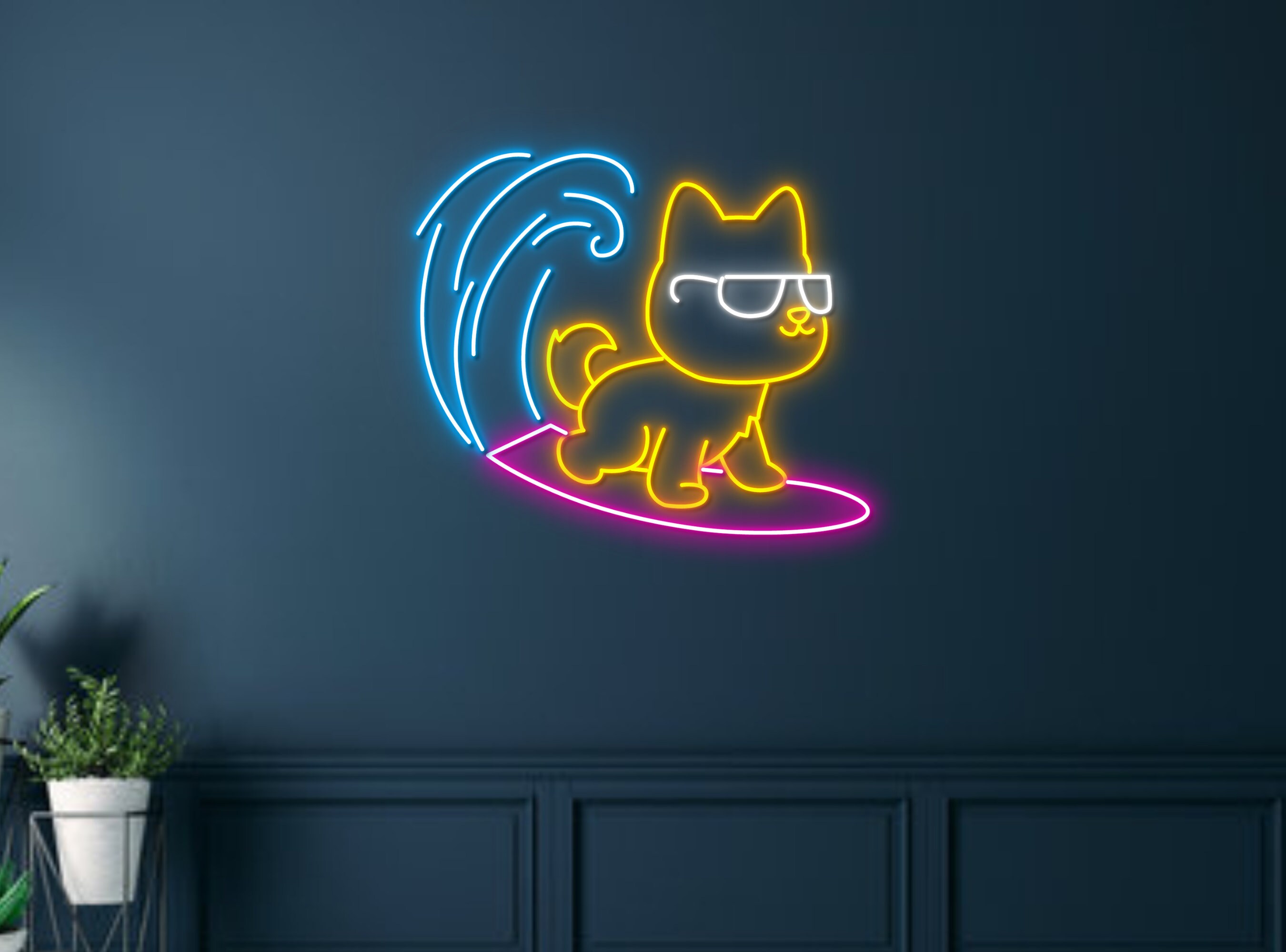 Chibi Dog Surfing On The Beach Neon Sign