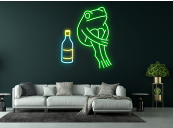Chibi Frog Sit Next To Wine Bottle Neon Sign