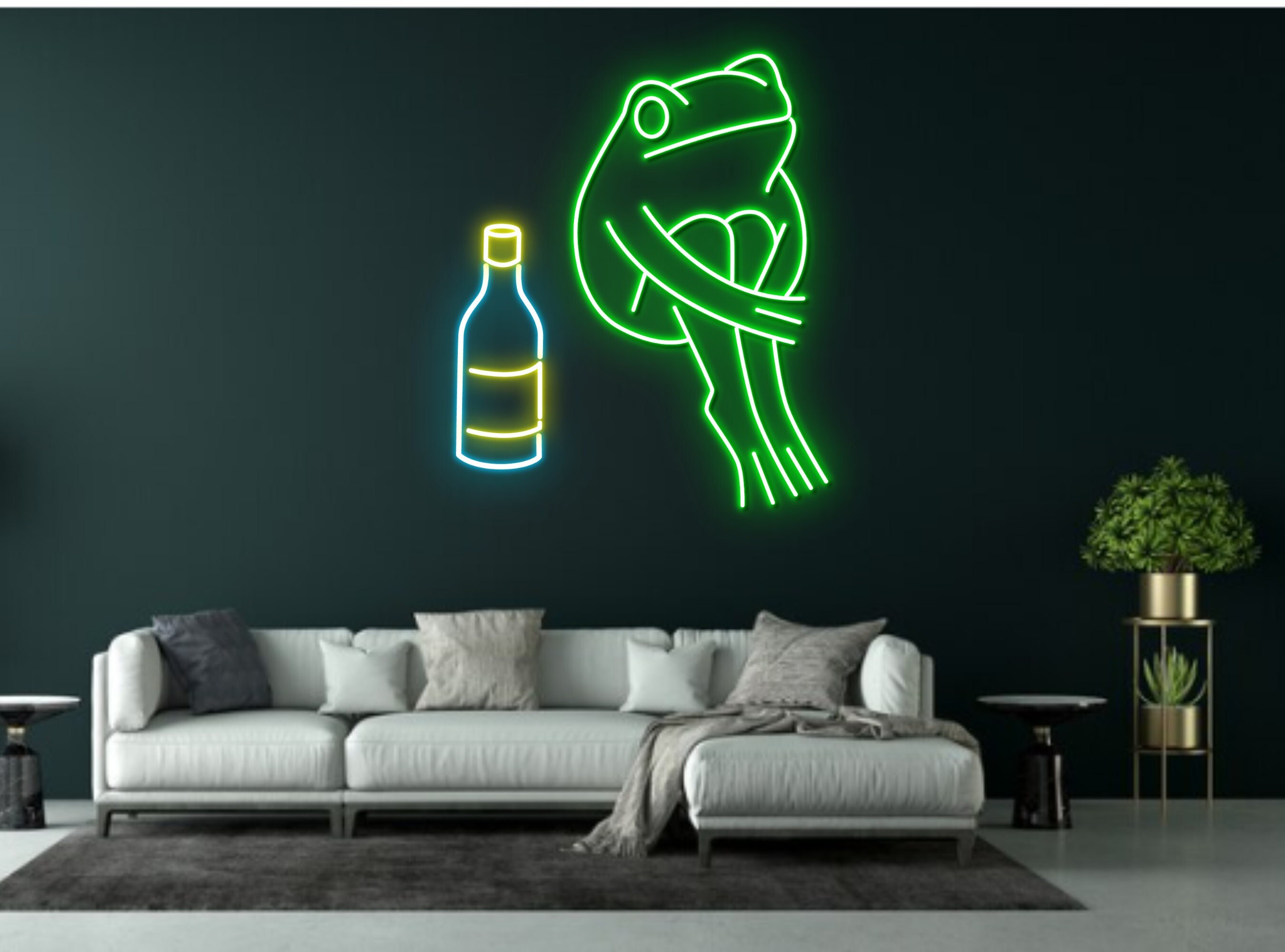 Chibi Frog Sit Next To Wine Bottle Neon Sign
