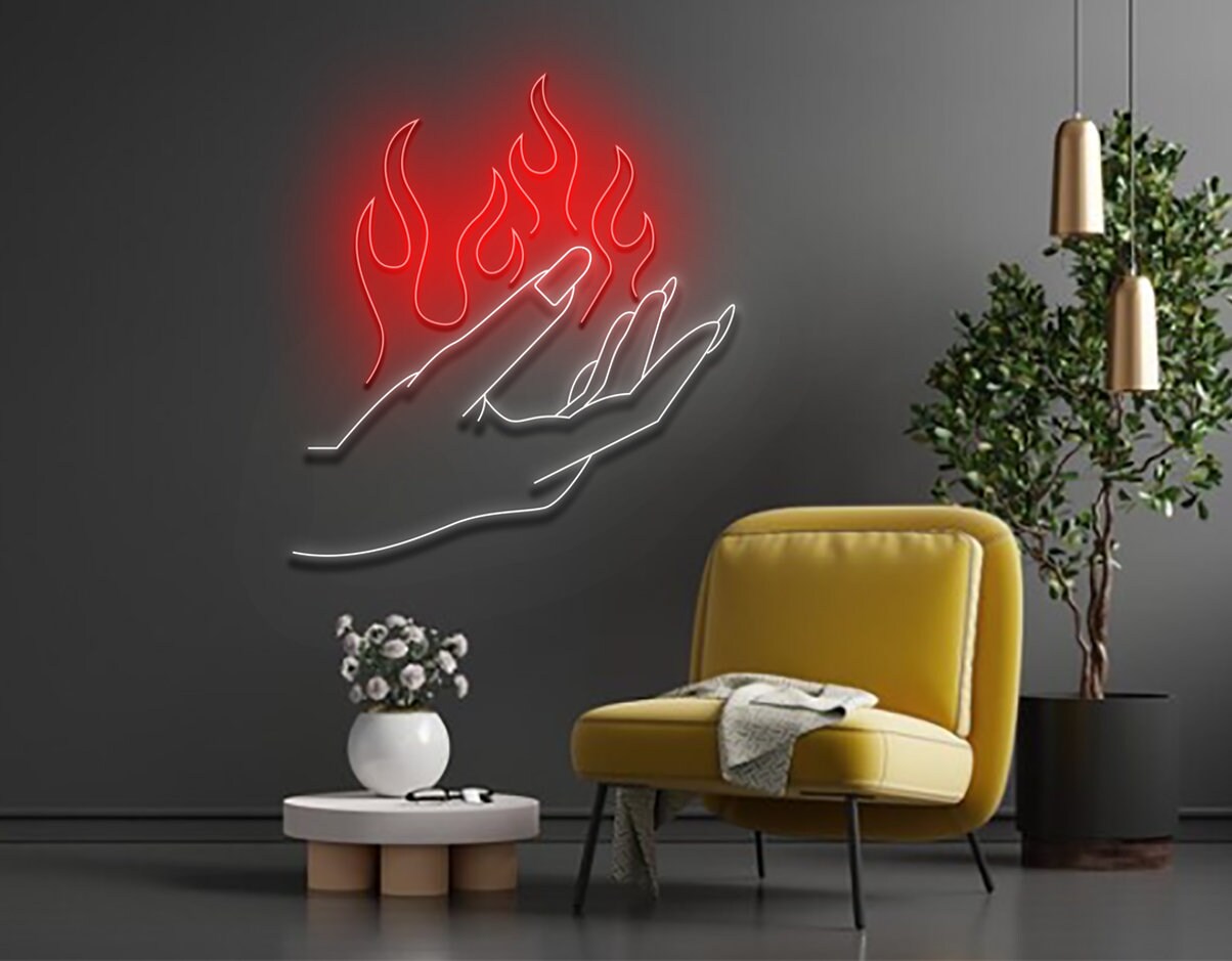 Woman Hand Hold Fire Neon Sign Abstract Wall Art