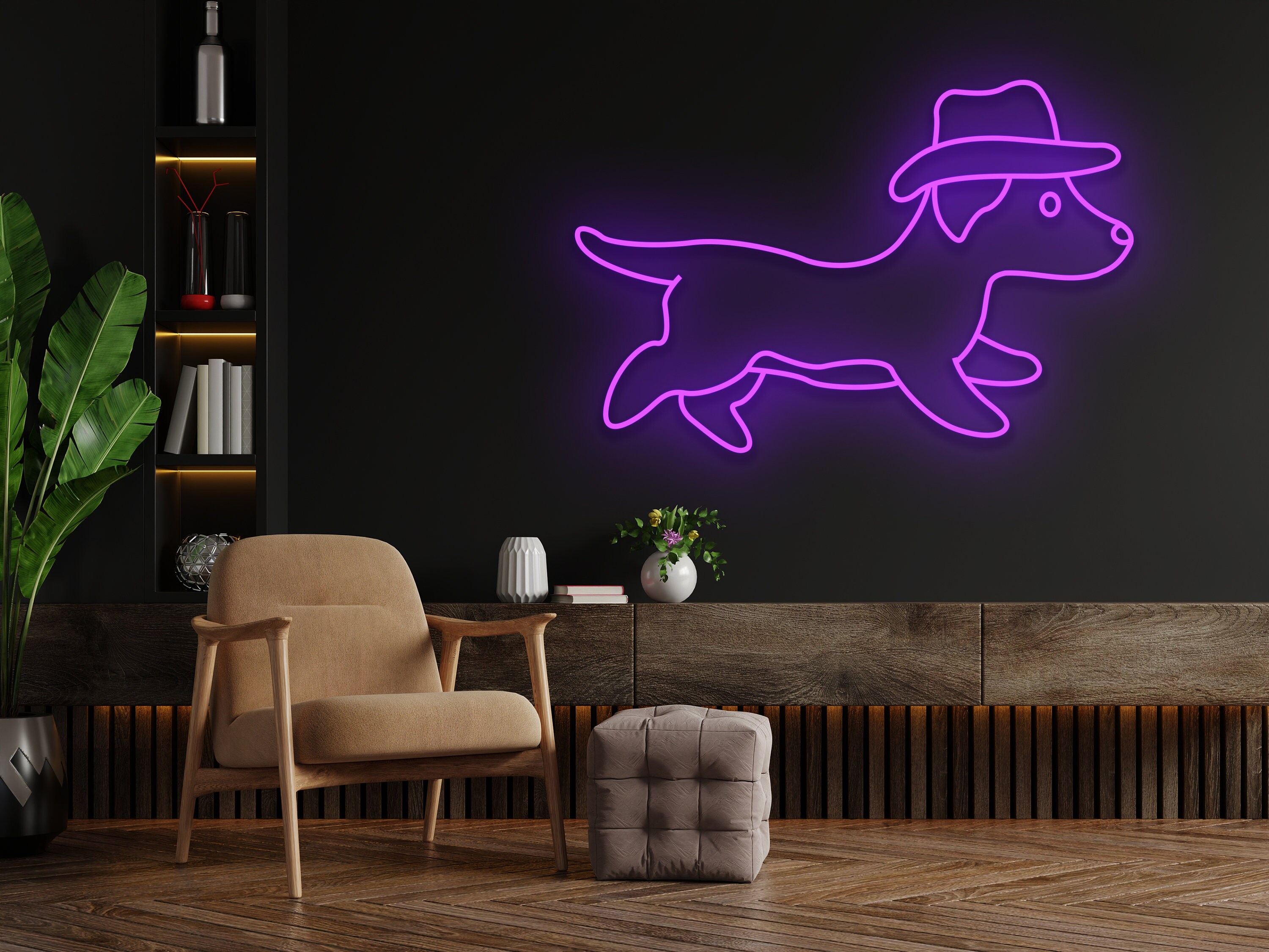 Cute Dog Running With Hat Neon Sign
