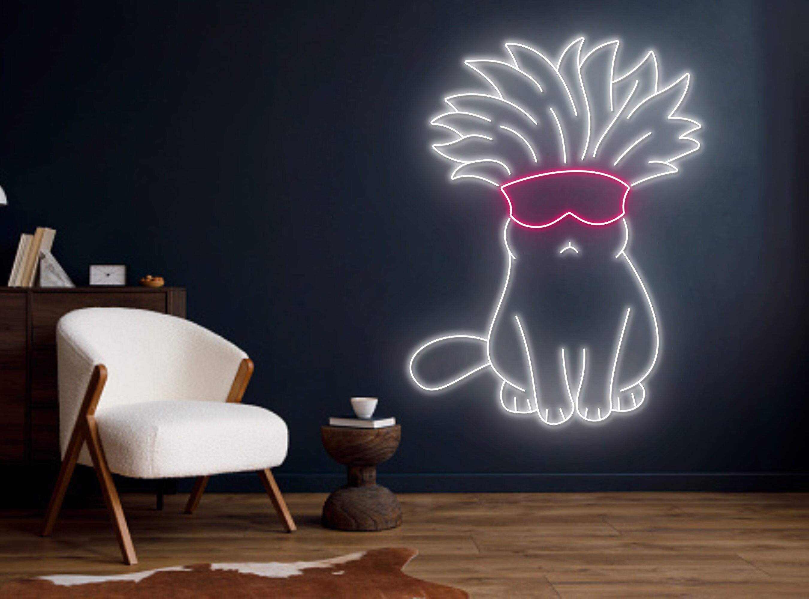 Chibi Cat With Feather Headdress Line Art Neon Sign