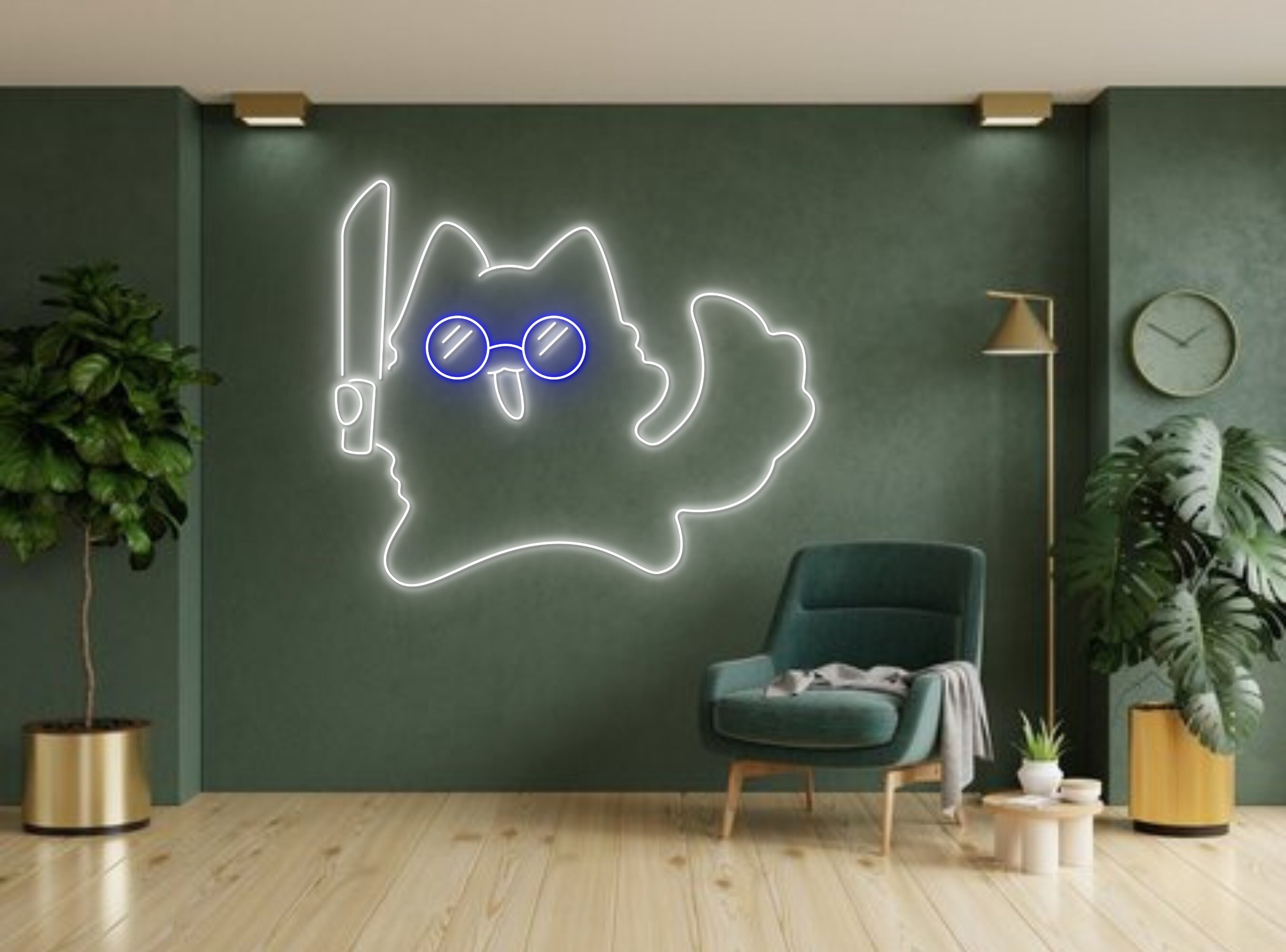 Chibi Cute Cat Hold Knife Line Art Neon Sign