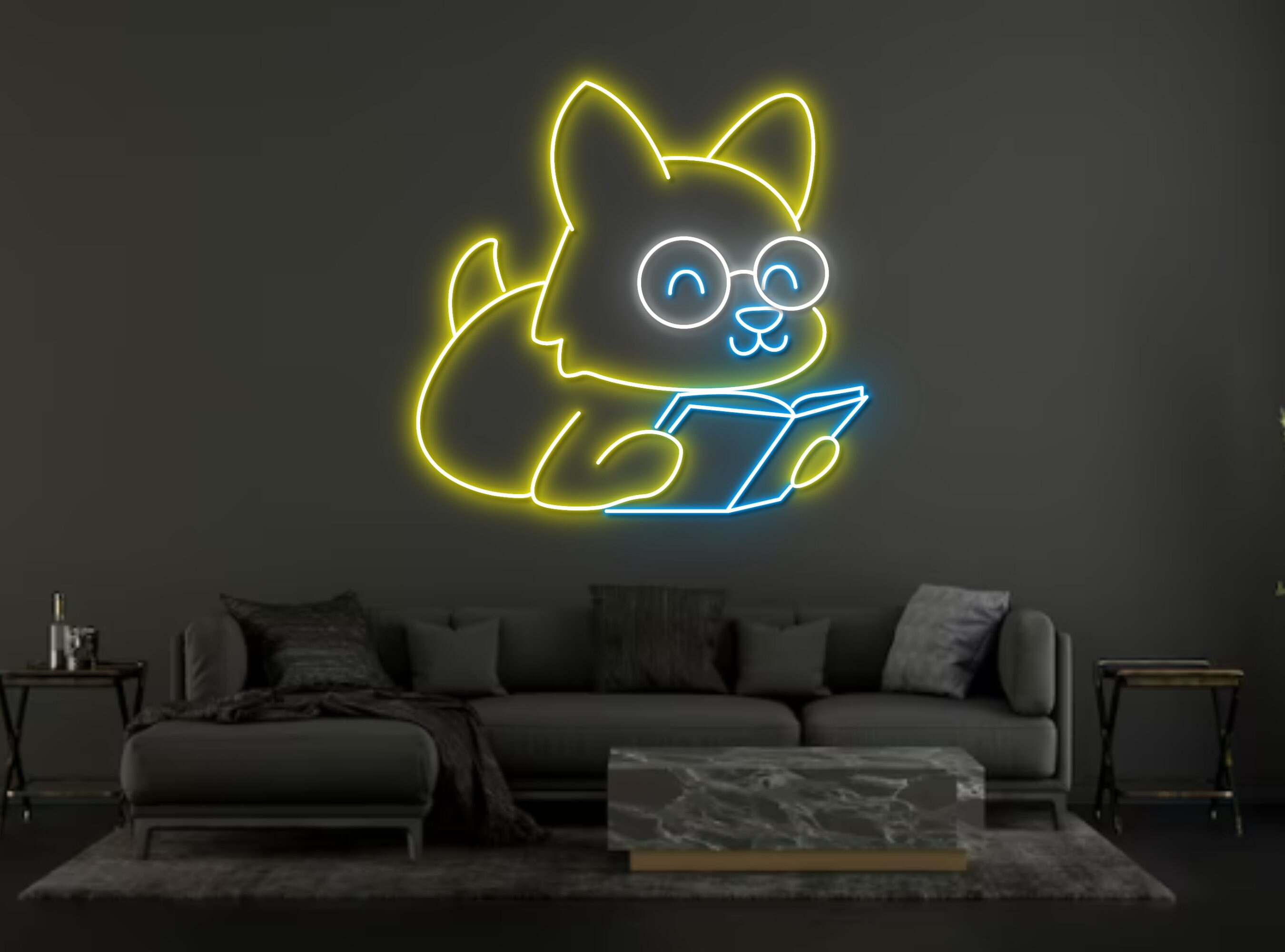 Chibi Dog Reading Book Neon Sign