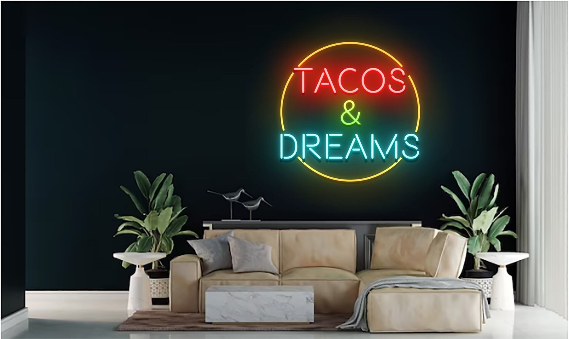 Tacos and Dreams Bar Pub Neon Sign Mexican Food Art