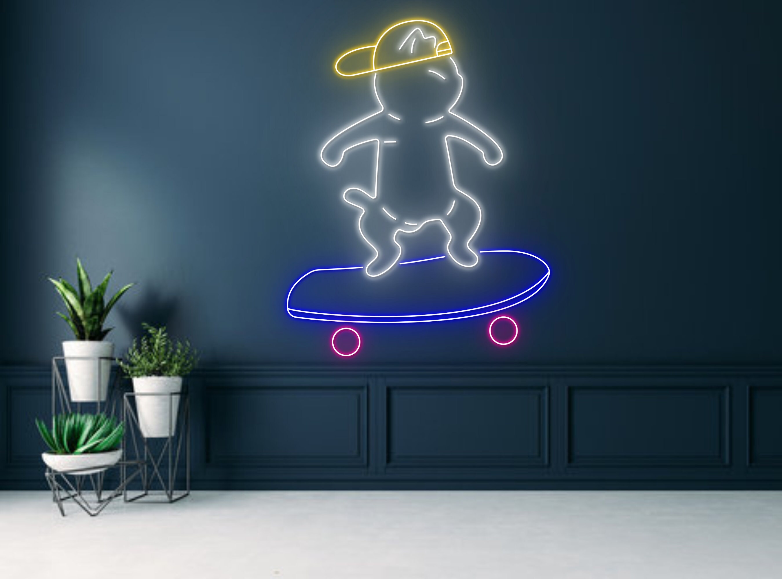 Chibi Cat Skateboarding Line Art Neon Sign