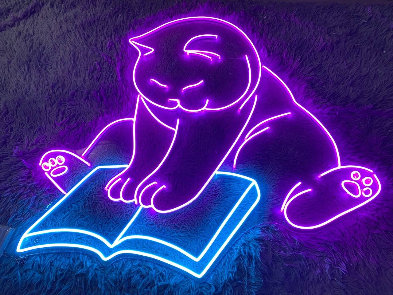 Cat Reading Book Neon Signs