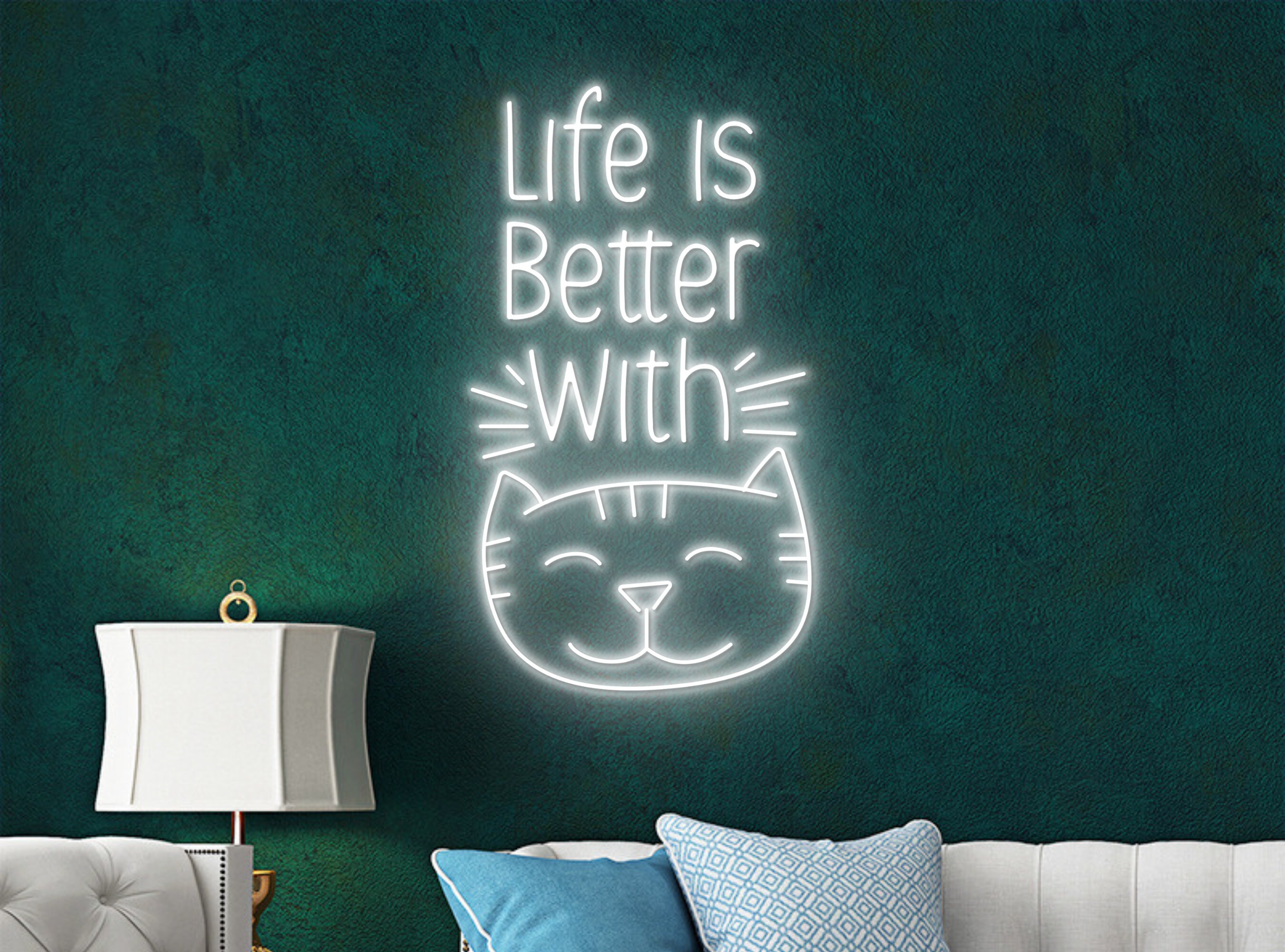 Life Is Better With Cat Head Line Art Neon Sign