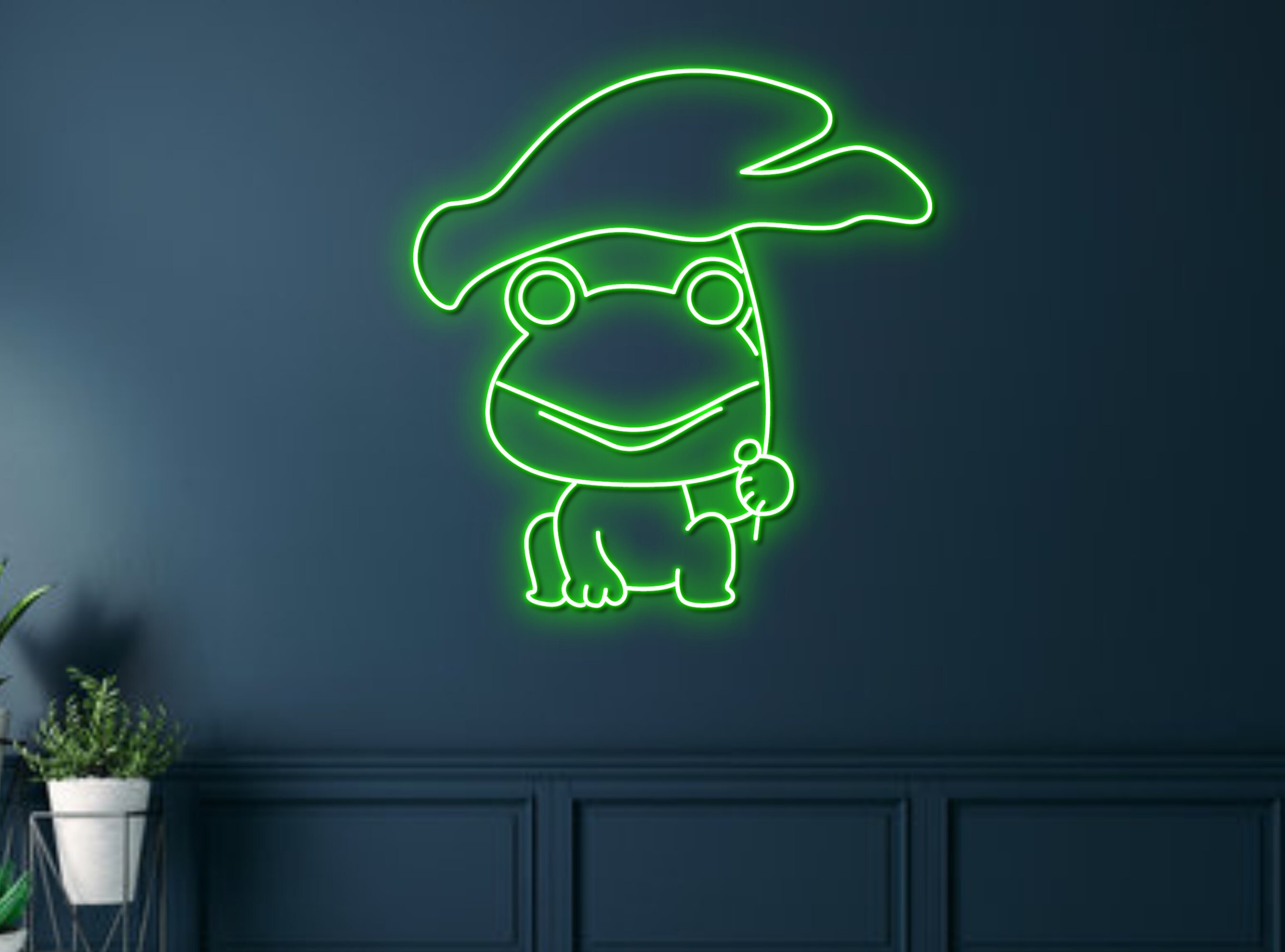 Raining Chibi Frog Under Green Leaf Neon Sign