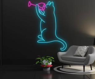 Drinking Champagne Cat Line Art Neon Sign