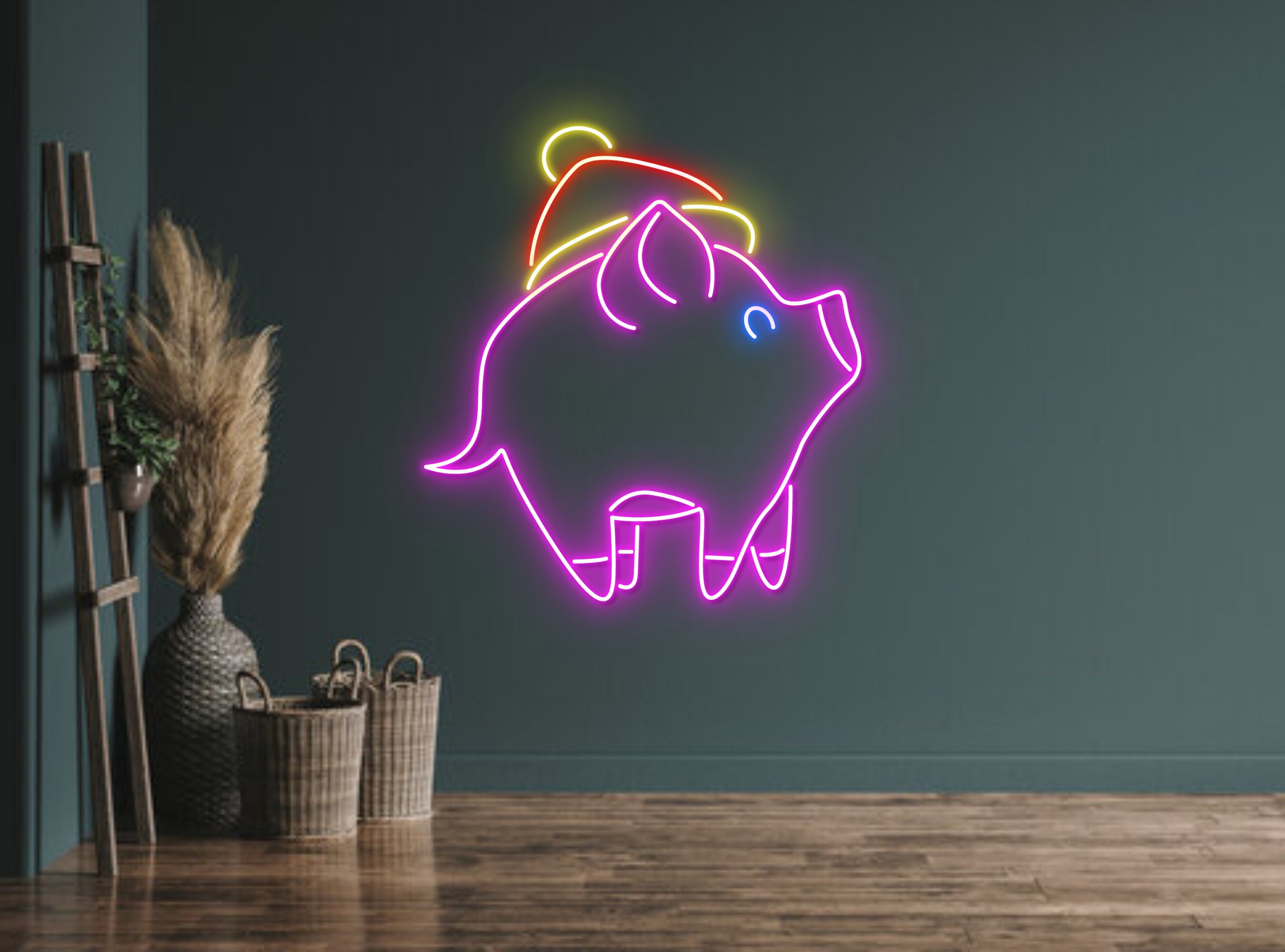 Pig With Christmas Hat Neon Signs