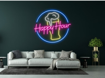 Happy Hour Beer Bottle Glass Foam Neon Signs
