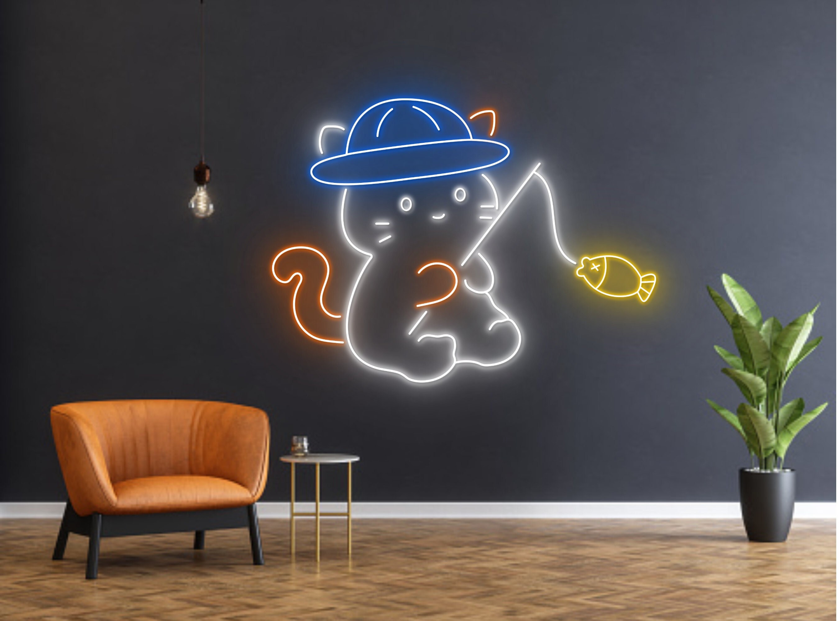 Cute Cat Fishing Line Art Neon Sign Cat Owner Decor