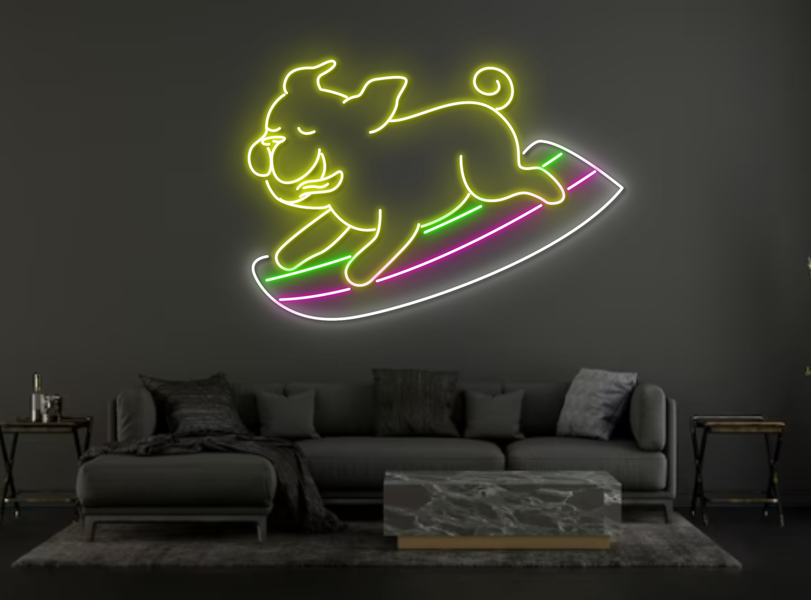 Pug Dog Surfing On Beach Neon Sign