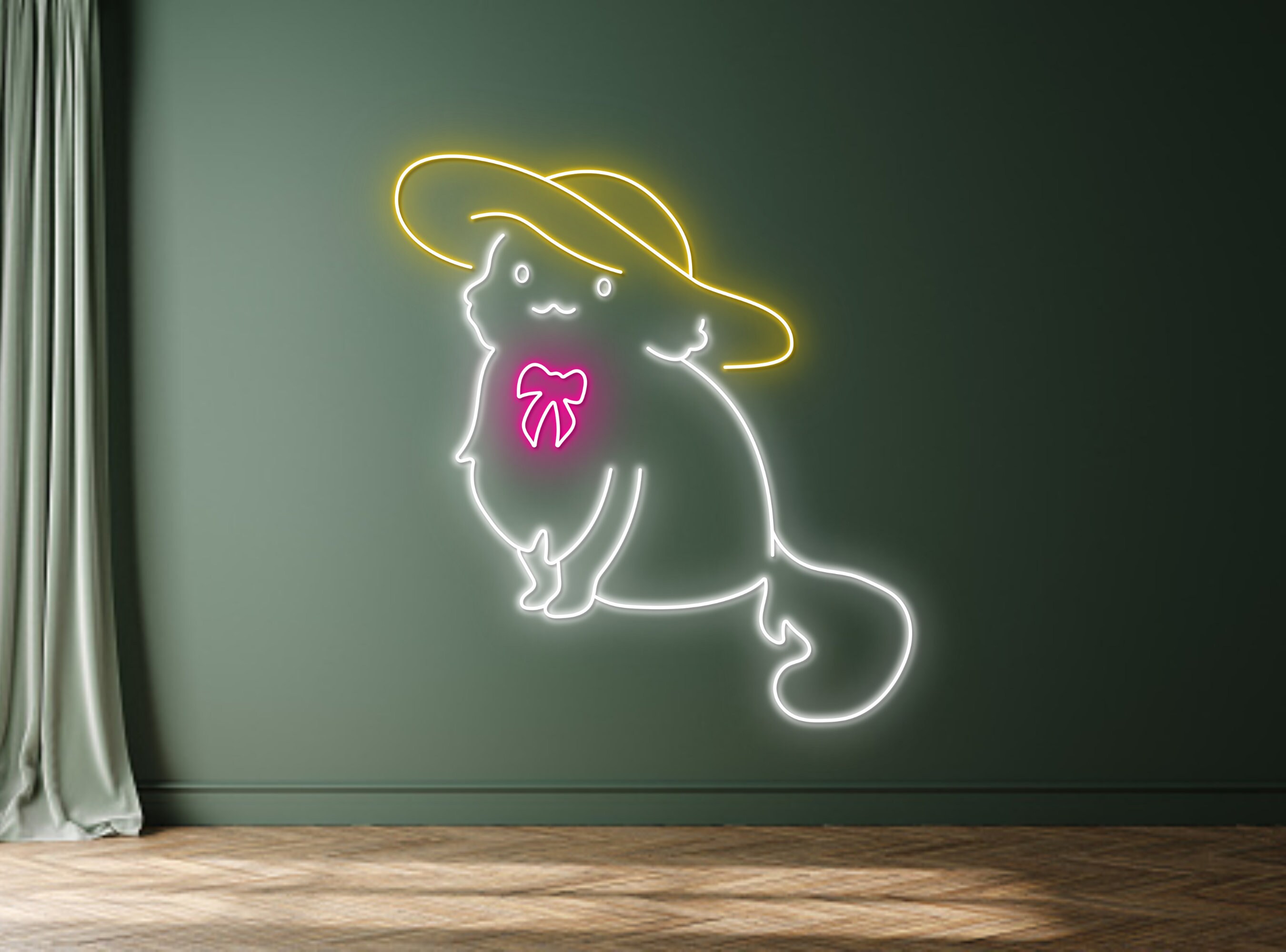 Chibi Cat With Hat And Bow Line Art Neon Sign