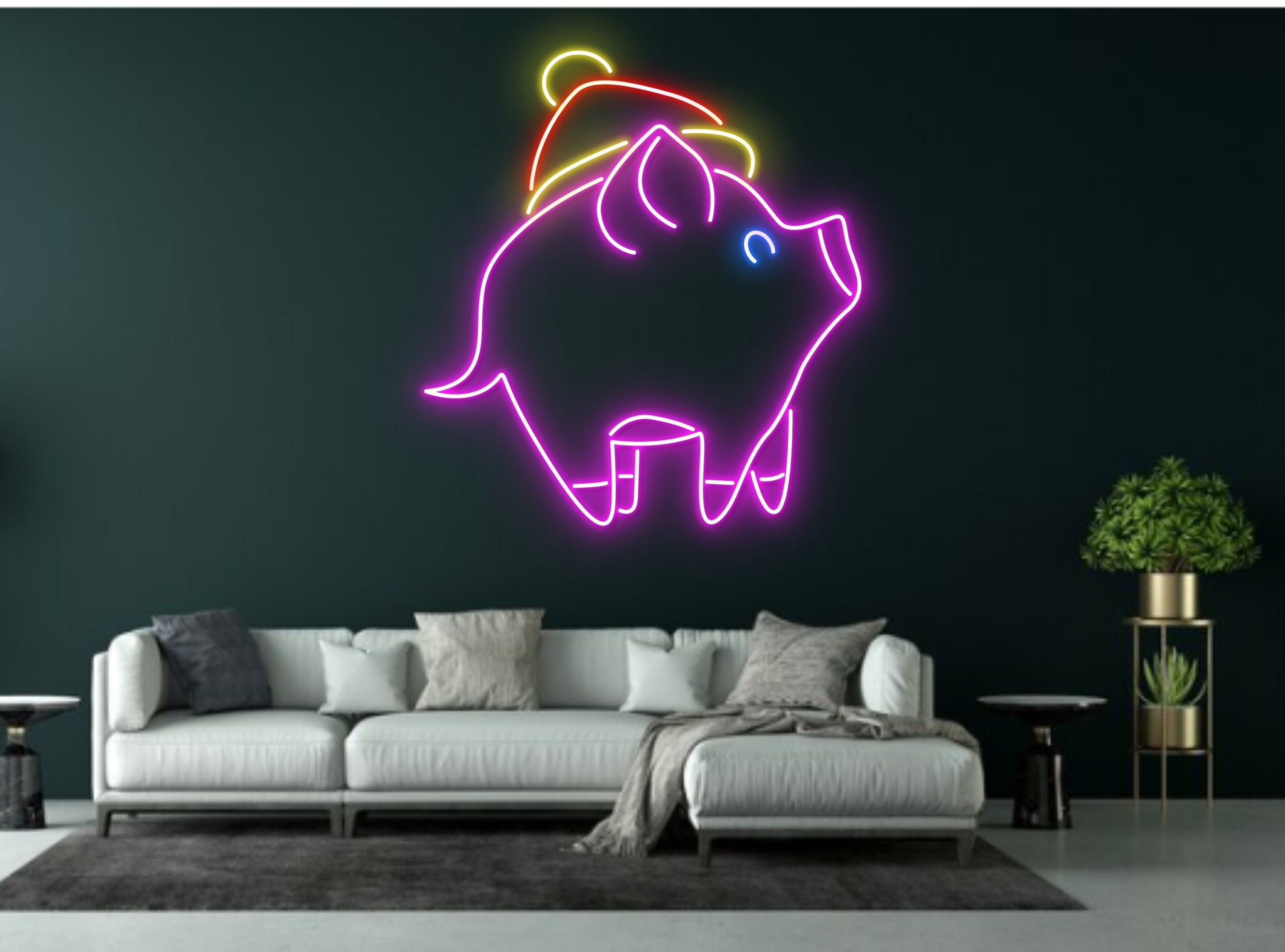 Pig With Christmas Hat Neon Signs