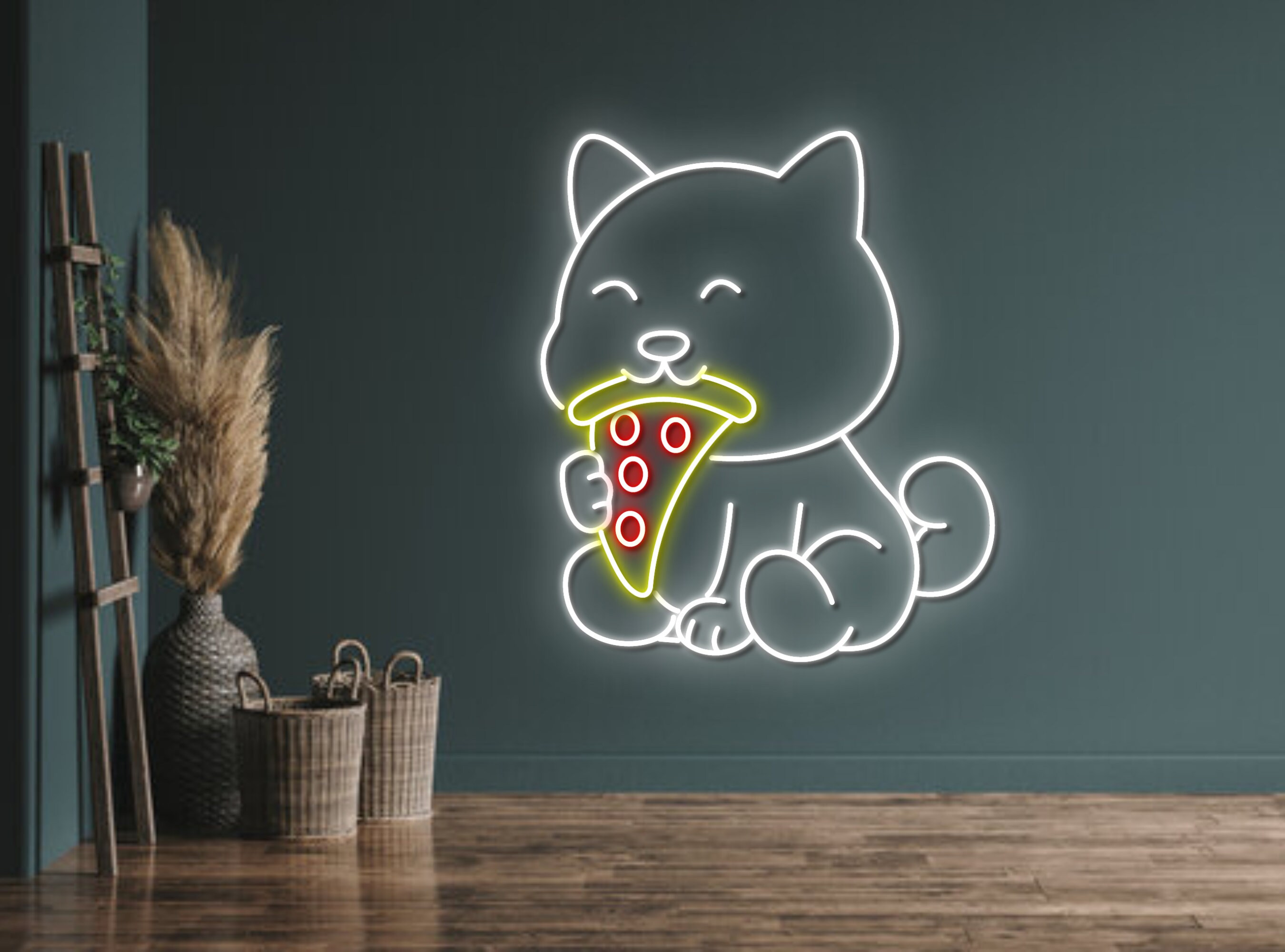 Chibi Dog Eat Pizza Neon Sign