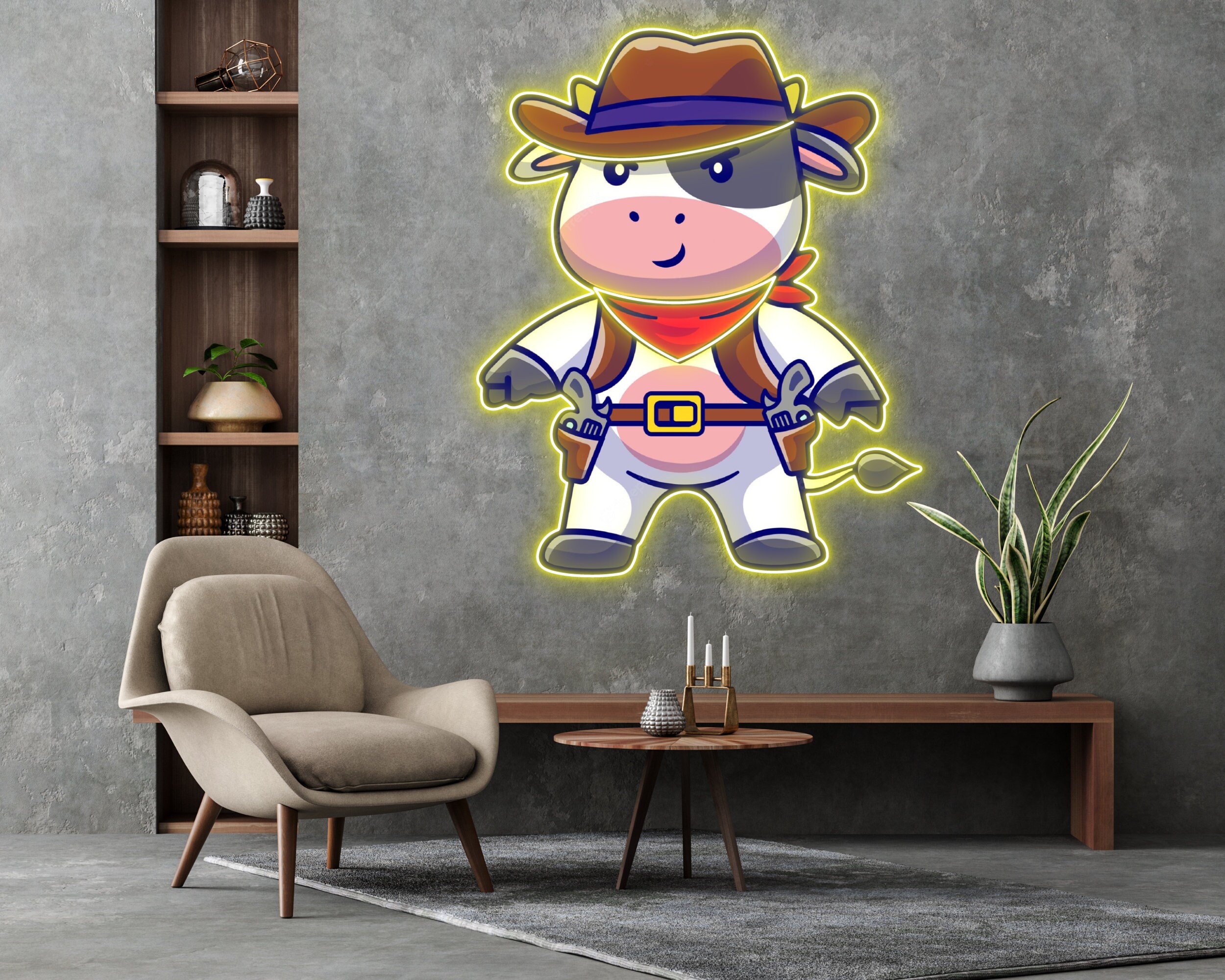 Cute Cow Cowboy Cartoon Neon Sign