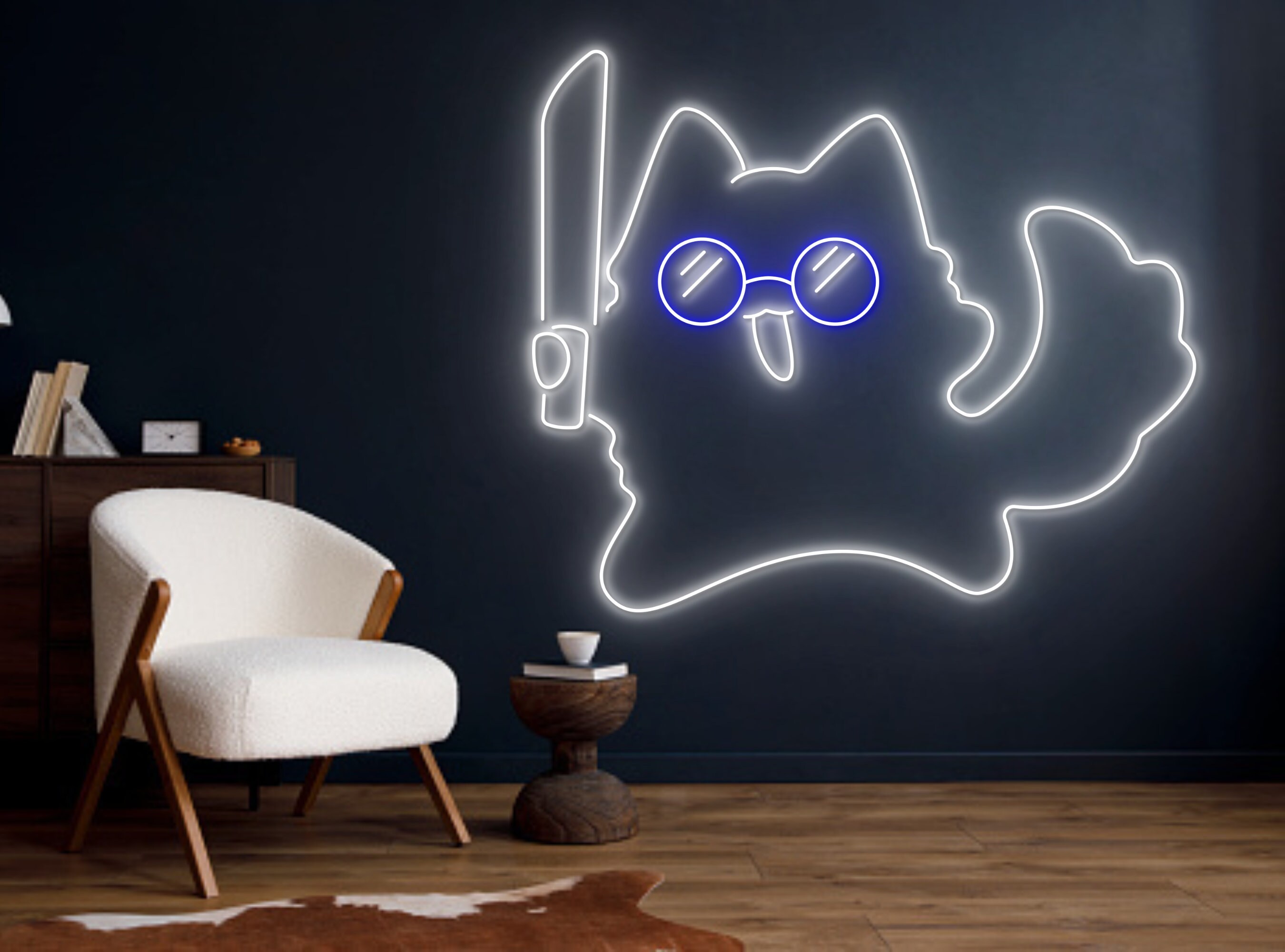 Chibi Cute Cat Hold Knife Line Art Neon Sign