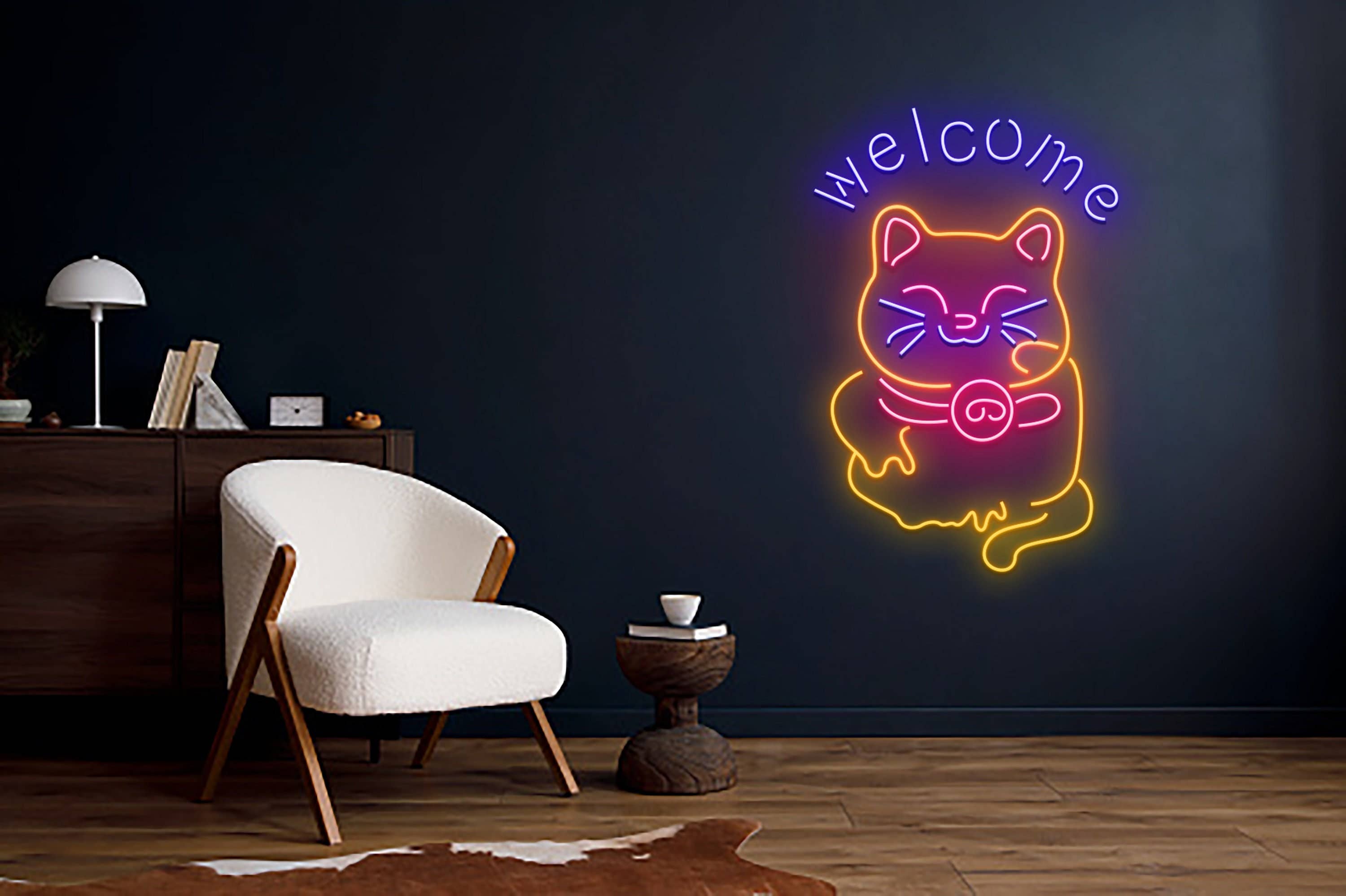 Cat Welcome Neon Signboard Shop Store Entrance Decor
