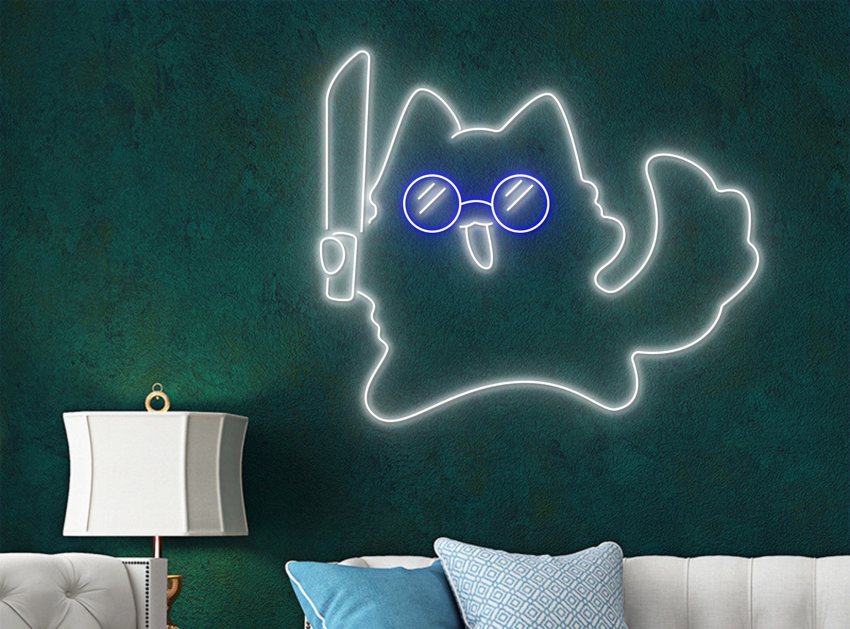 Chibi Cute Cat Hold Knife Line Art Neon Sign