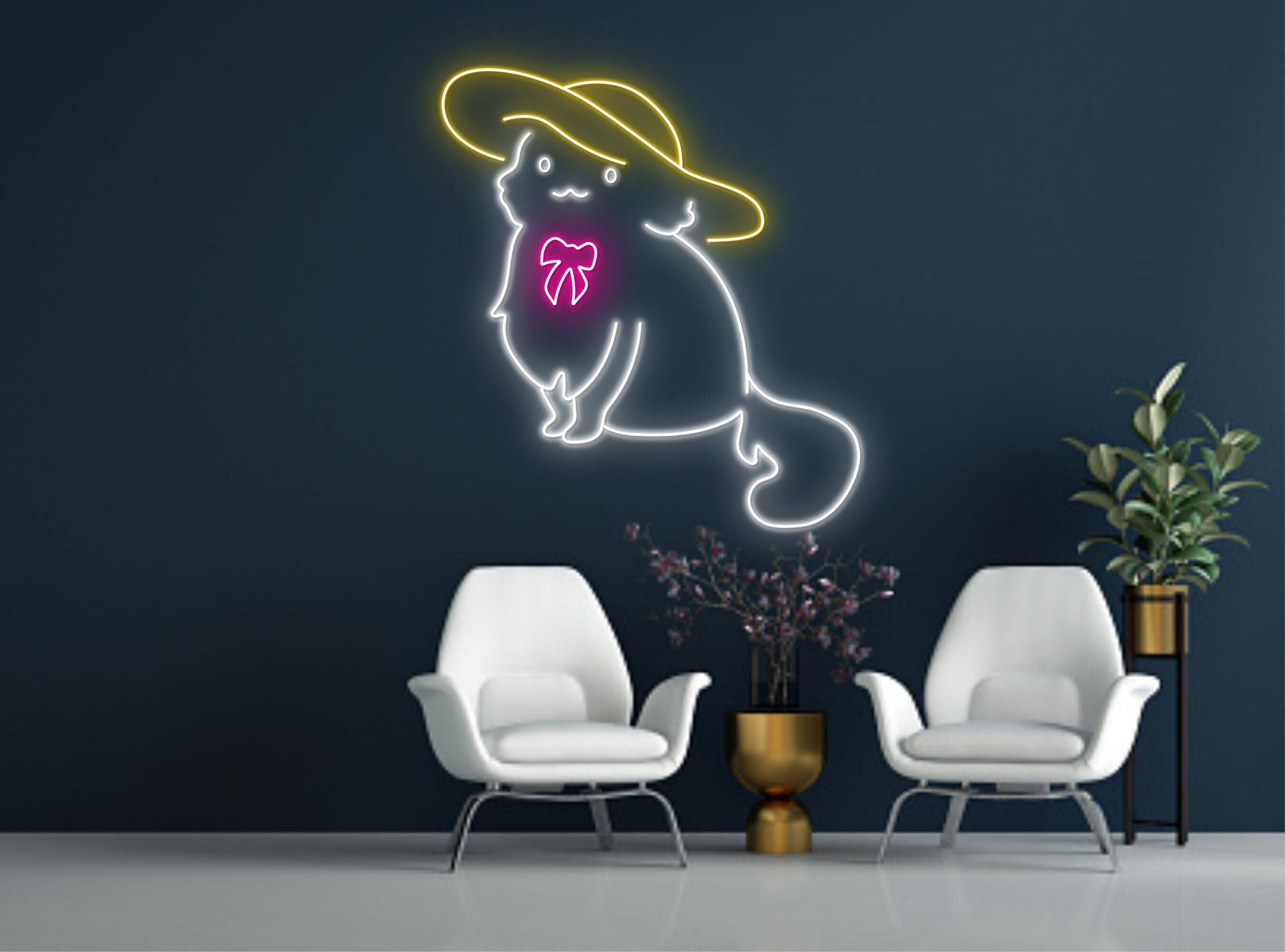 Chibi Cat With Hat And Bow Line Art Neon Sign