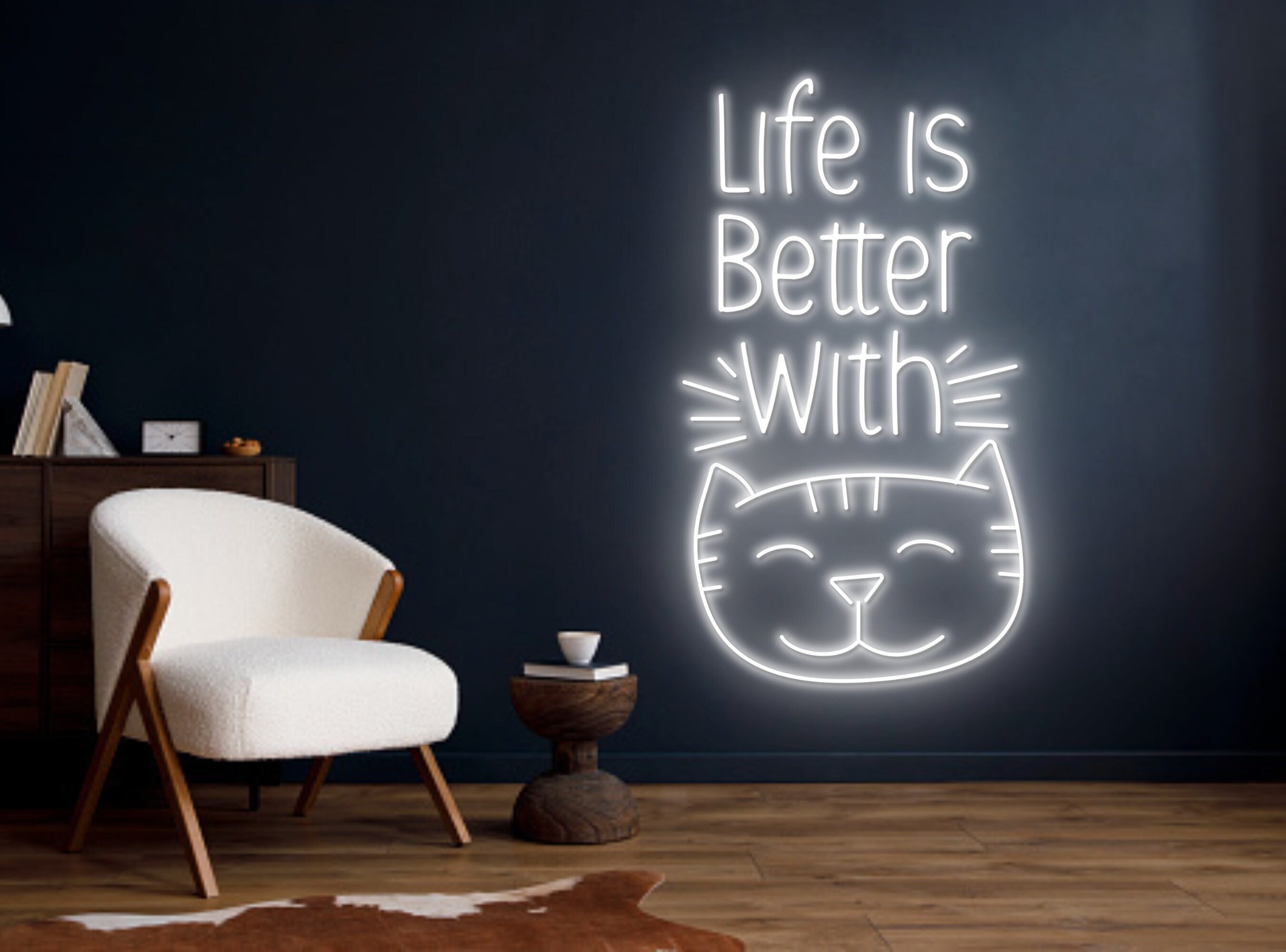 Life Is Better With Cat Head Line Art Neon Sign